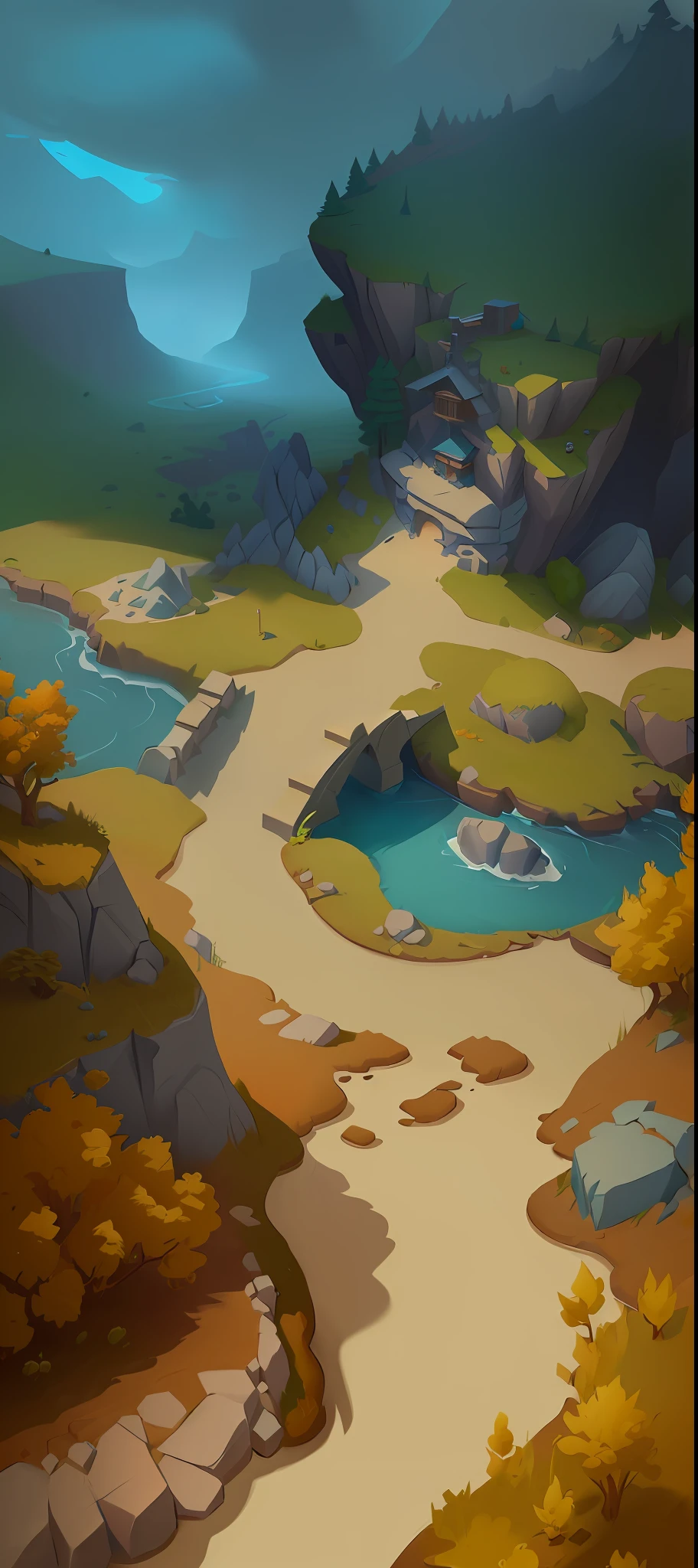 there is a cartoon style image of a river running through a valley, stylized concept art, stylized game art, mobile game background, odin's stone arena background, background art, mobile game art, detailed game art, arena background, painted as a game concept art, simple stylized, isometric game art, game illustration, background artwork, stylized shading