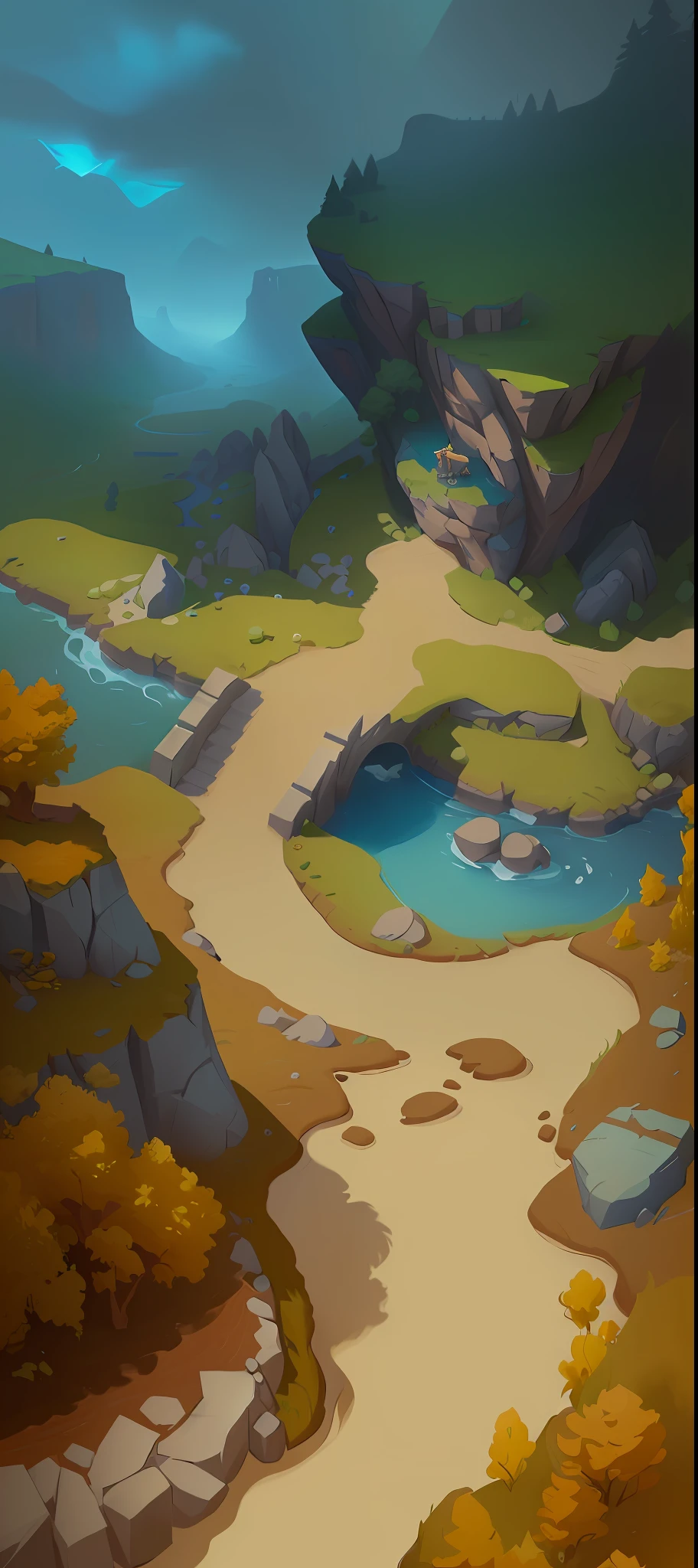 there is a cartoon style image of a river running through a valley, stylized concept art, stylized game art, mobile game background, odin's stone arena background, background art, mobile game art, detailed game art, arena background, painted as a game concept art, simple stylized, isometric game art, game illustration, background artwork, stylized shading