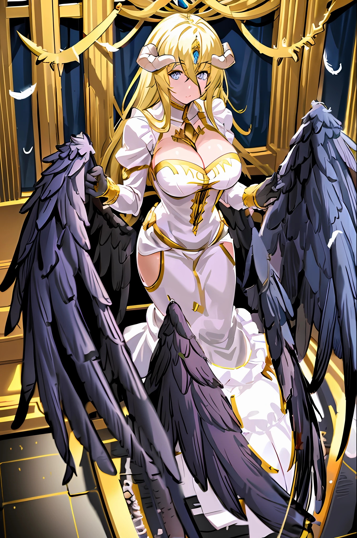 masterpiece, best quality, 1girl, albedo \(overlord\), blackfeathers, yellow hair, black wings, breasts, cleavage, demon girl, white horns, dress, feathered wings, feathers, gloves, hair between eyes, looking at viewer, low wings, blue eyes, bedroom background