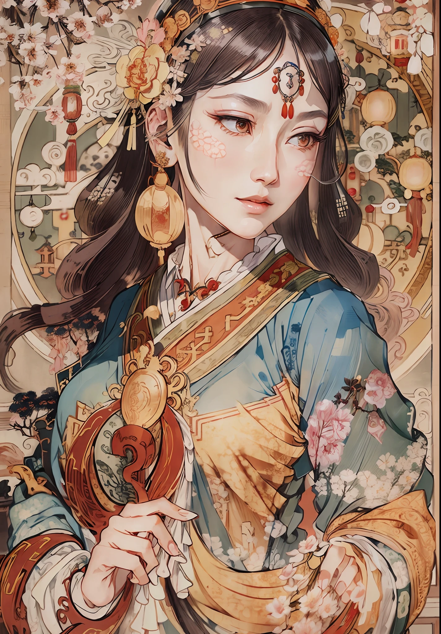 An ancient Chinese beauty, charming temperament, flowing long skirt, clear face, beautiful eyes, osmanthus surrounding, masterpiece, super detailed, epic composition, super HD, high quality, highest quality, 32k --v 6