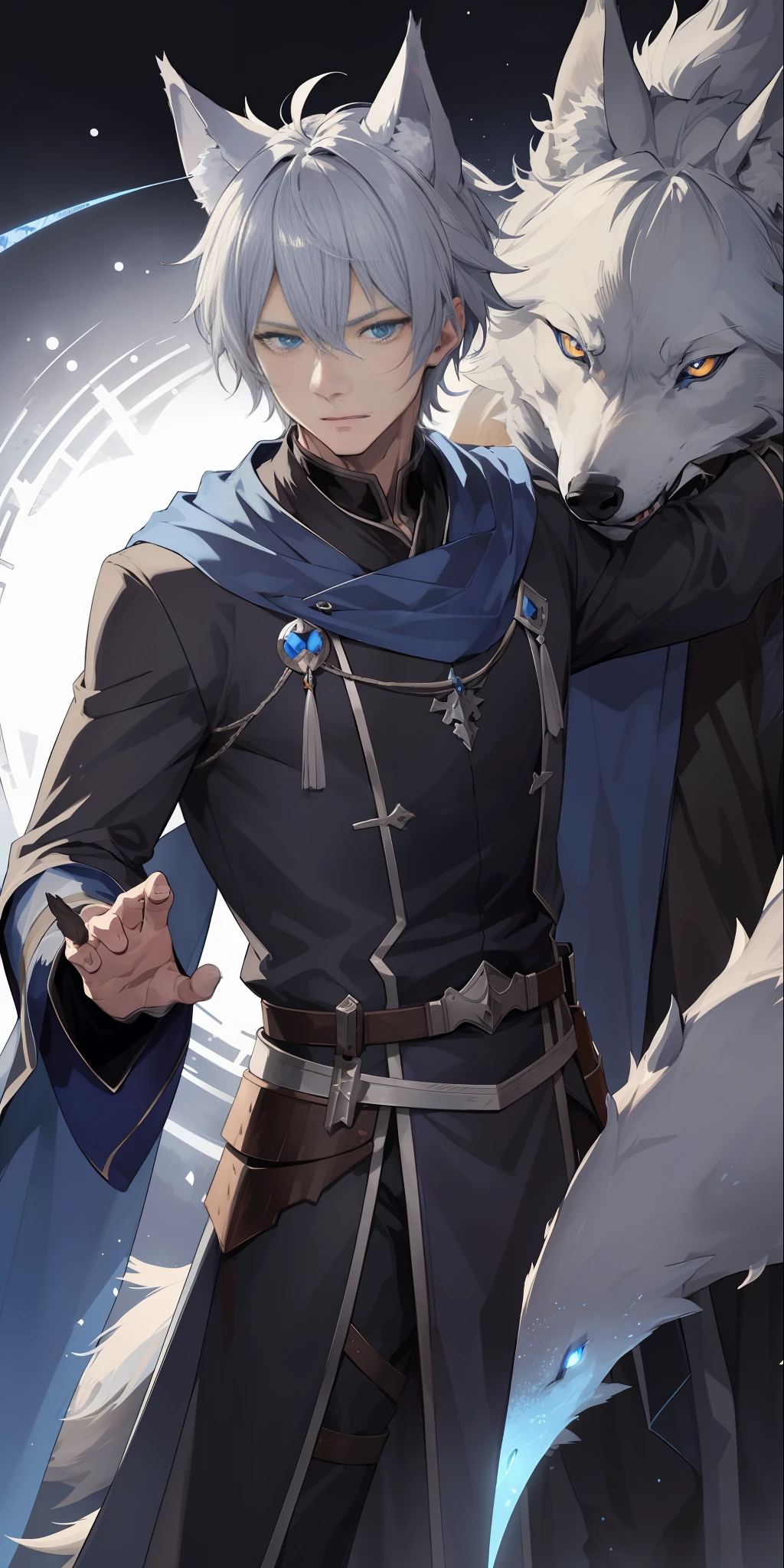 1male, toned, gray hair, slim, glowing blue eyes, HD, vibrant, masterpiece, wolf ears, wolf tail, knight robes, dead expression, hero, solo, riding dragon, upper body