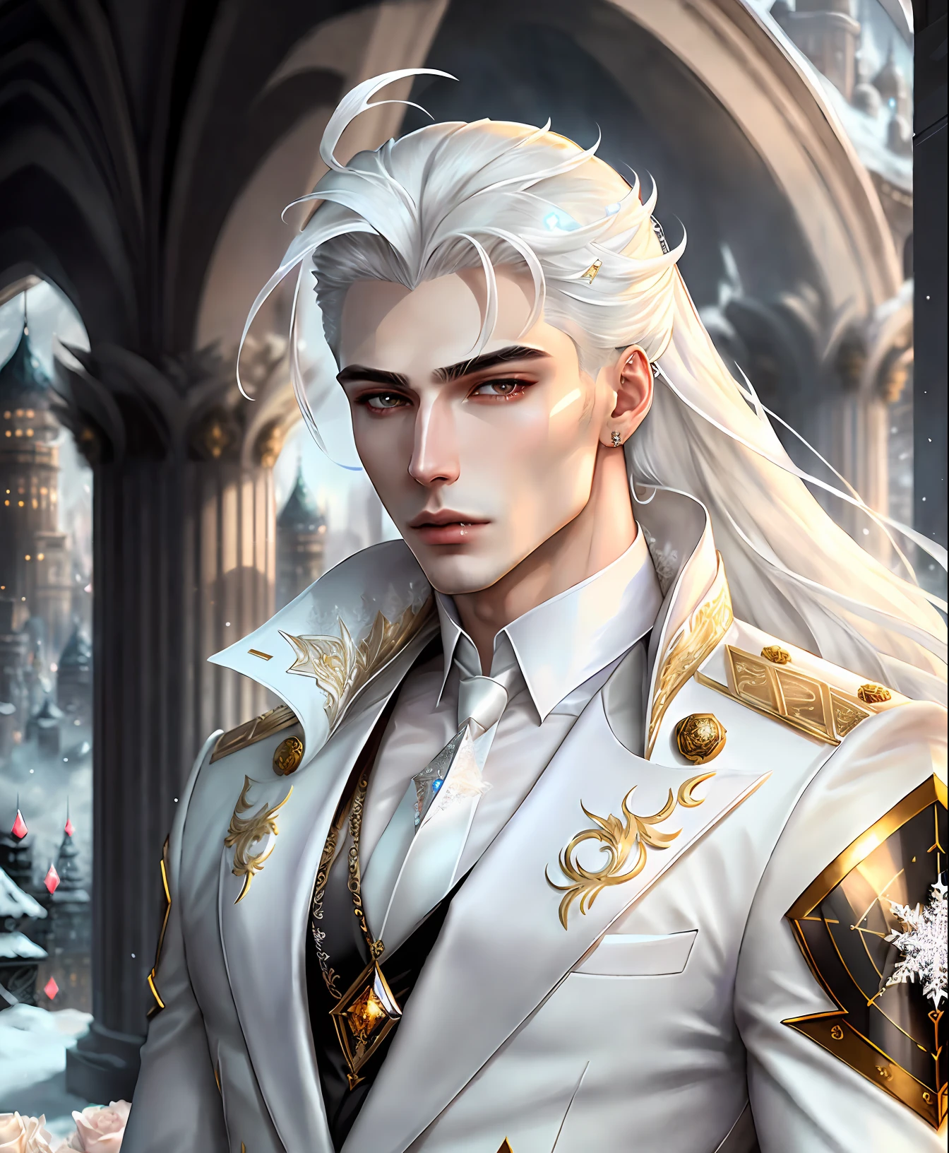 (unparalleled masterpiece), sidelighting, (perfect face:1.1),(stunningly beautiful Male Vampire),(long White voluminous hair),(intricate details),(1guy),(mole under eye),goth Renaissance,White eyes, palace, (white Roses background),detailed texture,(a realistic representation of a detailed male Diamond shaped face),(full lips),approaching perfection,ultra high definition,8k resolution,(ethereal),white suit, aesthetic,dynamic,glowing,glamour,(glimmer),light arched eyebrows,(perfect proportion),snowflakes,Gold,(full body),detailed background,perfect anatomy,Lace,backlit,smooth,sharp focus,dreamy,fantastical,shadows, (solo focus), (perfect face:1.1), (high detail:1.1),dramatic, 1guy, (pale skin), solo, pouty lips, futuristic city, detailed background