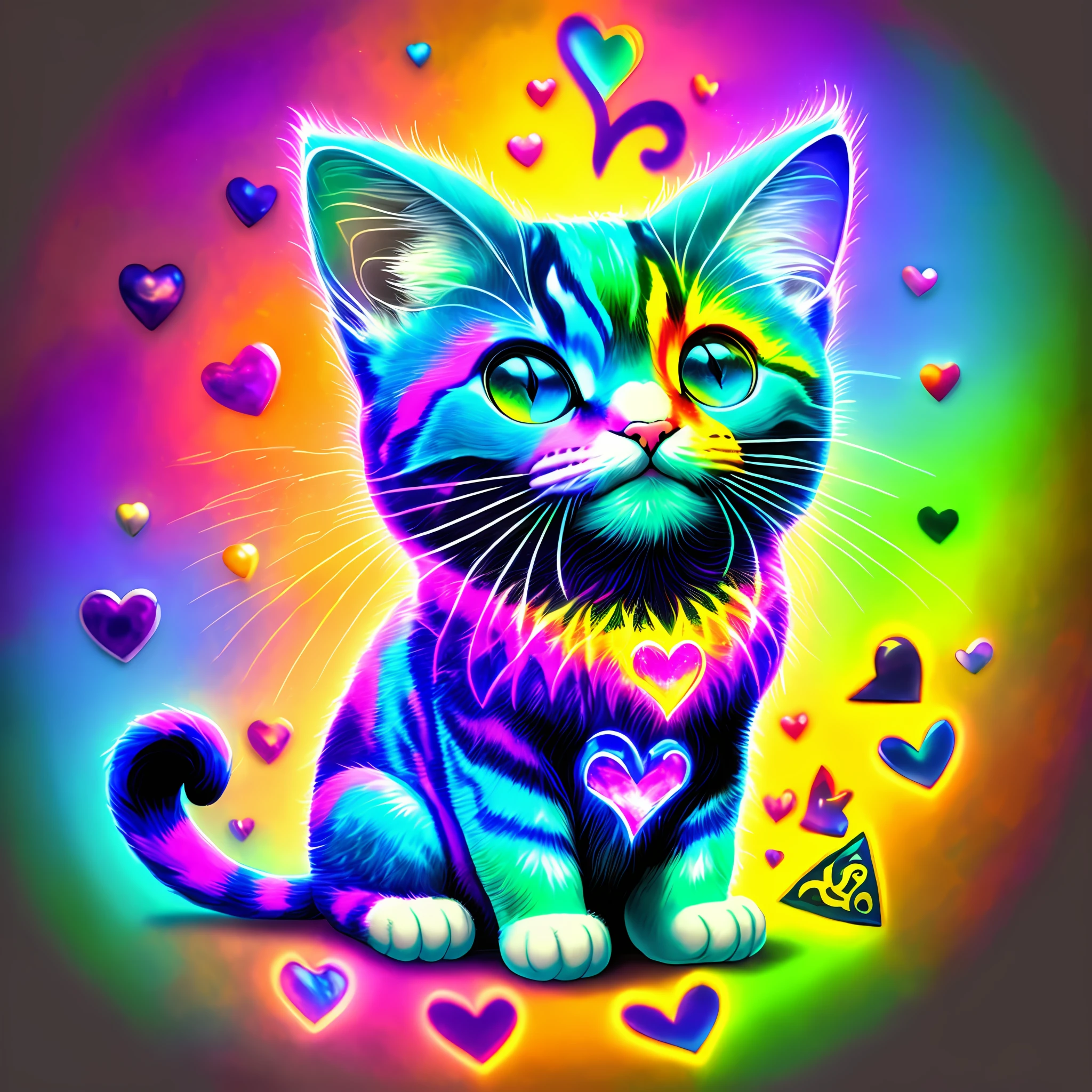 Drawing, Cute cat, tarot card, khokhloma, rainbow marble, dark vibrant colors, electric colors, neon colors, lisa frank, cosmos, rainbowcore, electrifying art, alcohol paint, colored frequencies, thermograph, smile, heart in eye, laughing, happy, Conceptual art, UHD, anatomically correct, super detail, high details, award winning, best quality, highres
