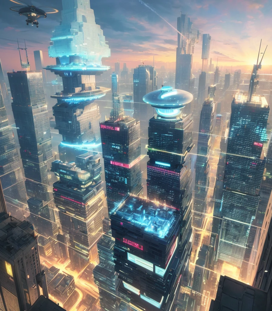 futuristic cityscapes, ((Cyborg)), (irregular architecture), mechanical, (cyberpunk), (hovering trains), drones, realistic lighting, (abyss) masterpieces, high quality, beautiful graphics, high detail, ((looming flying saucers and ships in the sky)), vision (wide-angle lens), ultra-high resolution (realism: 1.4), ultra-high quality, extremely detailed CG Unity 8k wallpapers, aesthetics, award-winning photography, realism, high detail, detail enhancement, blur removal, The art of intricacies and travel. Visually stunning. Beautiful futuristic city, beautiful city, Chinese dream land, pexels, blue hour photography, Chinese dreamland, spectacular clouds, fantasy clouds. (The caption on the surface of the image should be prominent, in bold, stylized font, and the tagline reads "The City of the Future.") ）