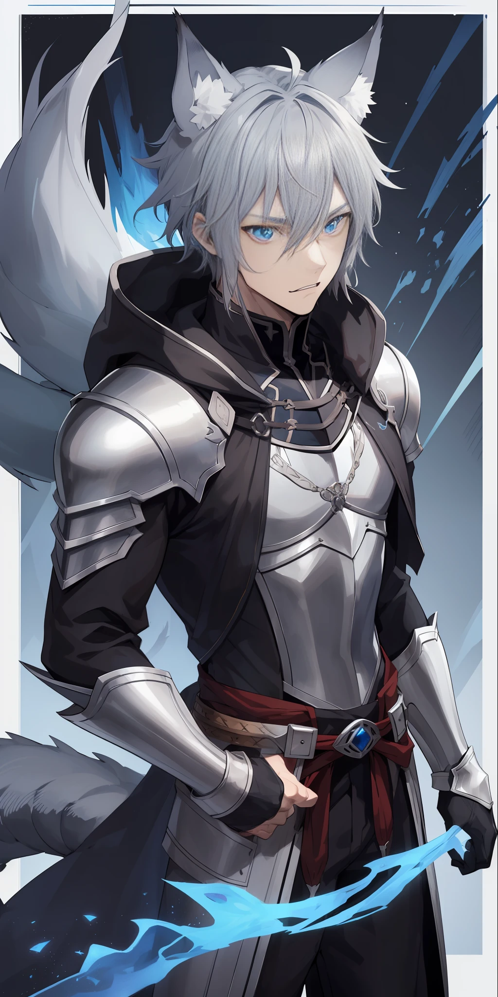 1male, toned, gray hair, slim, glowing blue eyes, HD, vibrant, masterpiece, wolf ears, wolf tail, knight robes, dead expression, hero, solo, riding dragon, upper body