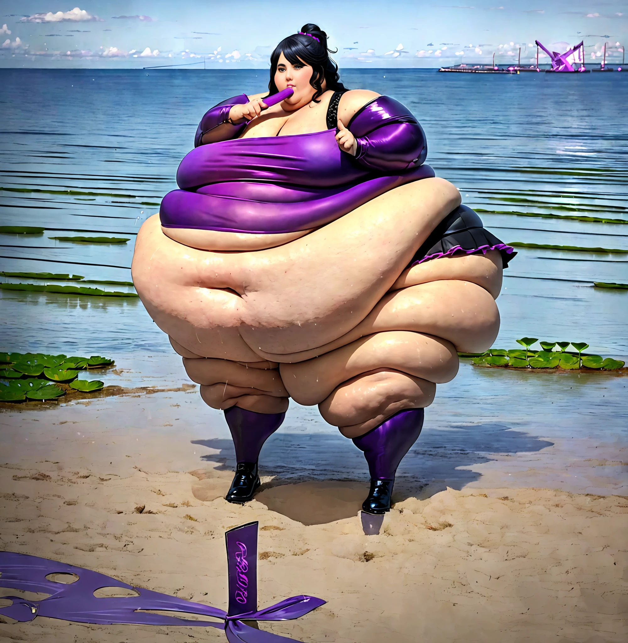 a anime drawing of a fat man with a whip in his  hand, thicc, full body portrait of , fullbody commission for, thicc build, commission for high res, thick black lineart, he , cel shaded!!!, oc commission, full body!, ((handsome)) mature man in a purple outfit and black boots, Frilly white skirt,  purple vest ((with Lotus motifs)), flaired dark purple sleeves ((wearing magical Girl inspired outfit)), Black hair styled in a single bun with a purple ribbon around it, full body close-up shot Single Subject!!, background (( a Pier with Lotuses in the water)) . Insanely obese!! (Giant,Fat, round, belly)), ,(( Giant double wide hips)), ((giant fat round butt), (( giant, round, fat thighs)) , Proportionally large and fat arms and Legs!!, Giant Fat breast, fat chubby cheeks, Fat face, multiple chins, , masterpiece!!, full body!! , Expression(angry, frowning) pose(stuffing food in mouth, legs Spread out ), Effects ( clothes ripping ,food stains, sweat)