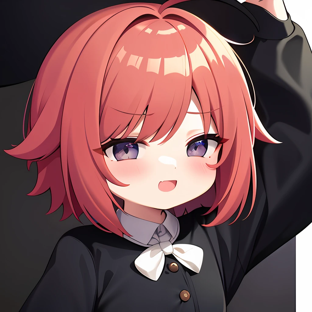 best quality, masterpiece, kyrielight mash, solo, 1girl, black eyes, :d, fat, black clothes, (chibi: 0.6), light red hair, short hair, sticker, emoji, cute, white background, ((sad)), chibi