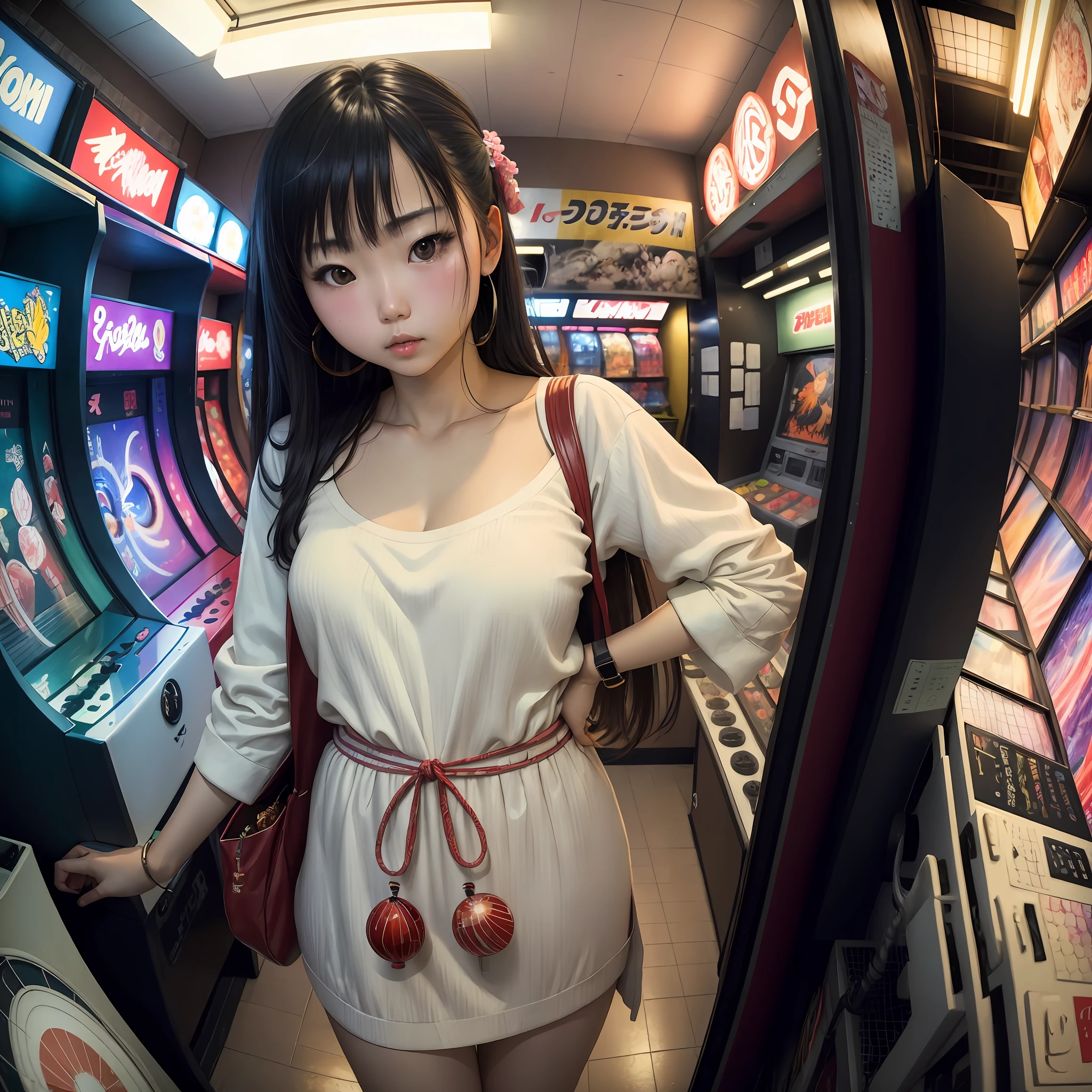 1 sexy japanese girl in Arcade shop, Expressionism, Realism, Contemporary art, ((fisheye)), 35mm, Canon, UHD, masterpiece, ccurate, super detail, award winning, high details, highres, 8k