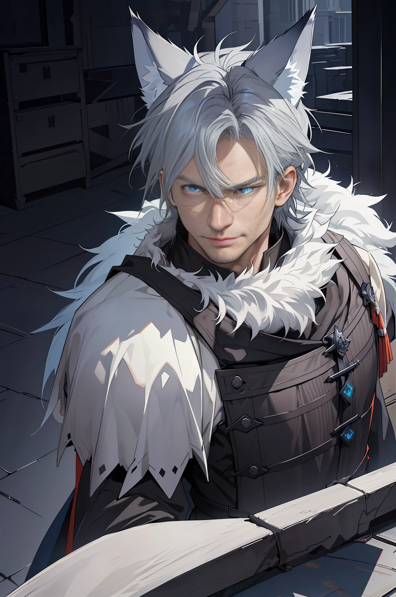 1male, toned, gray hair, slim, glowing blue eyes, HD, vibrant, masterpiece, bust view, wolf ears, wolf tail, knight robes, smirking, hero, solo, leaning, strong, ultra realistic, high definition, rugged