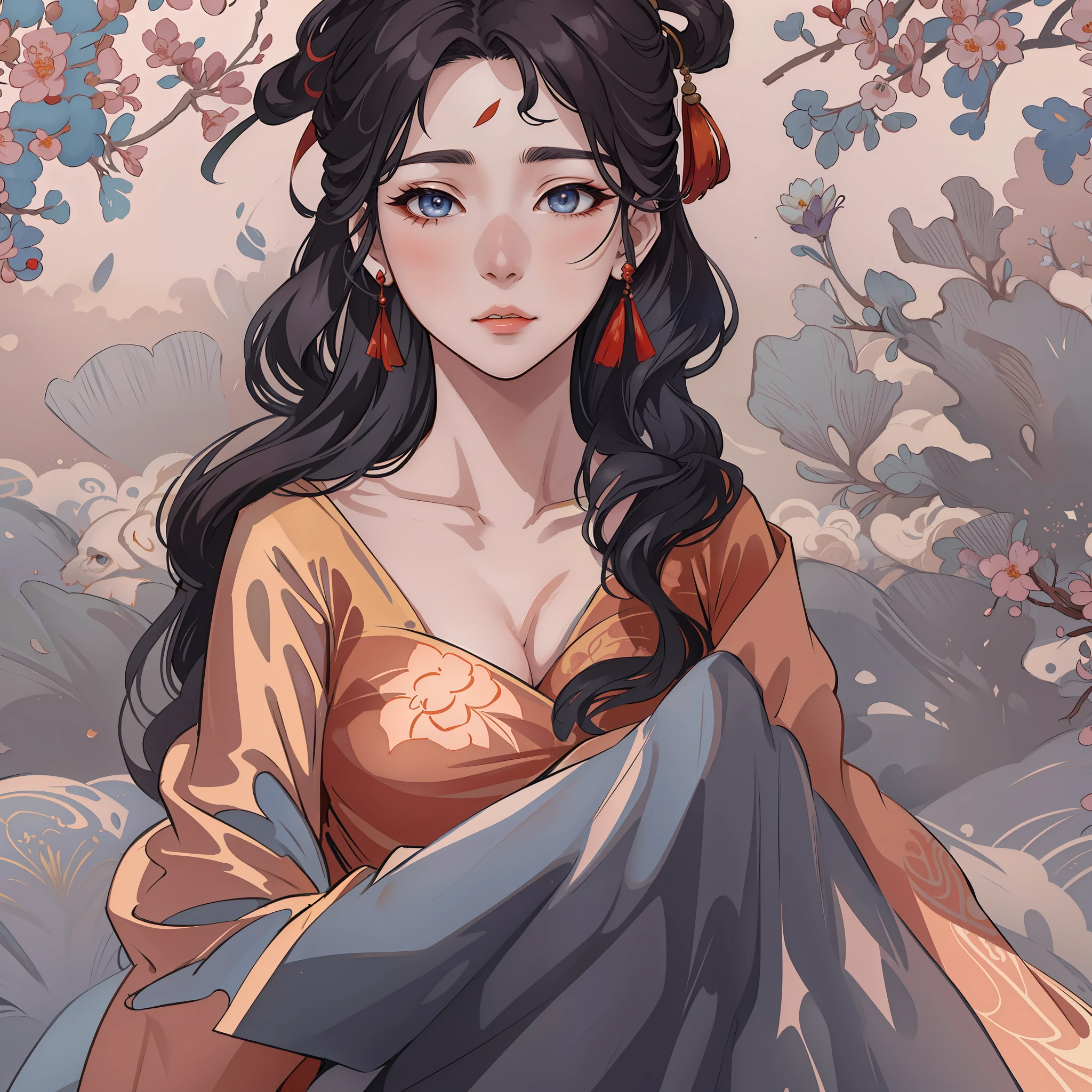 An ancient Chinese beauty, charming temperament, flowing long skirt, clear face, beautiful eyes, osmanthus surrounding, masterpiece, super detailed, epic composition, super HD, high quality, highest quality, 32k --v 6