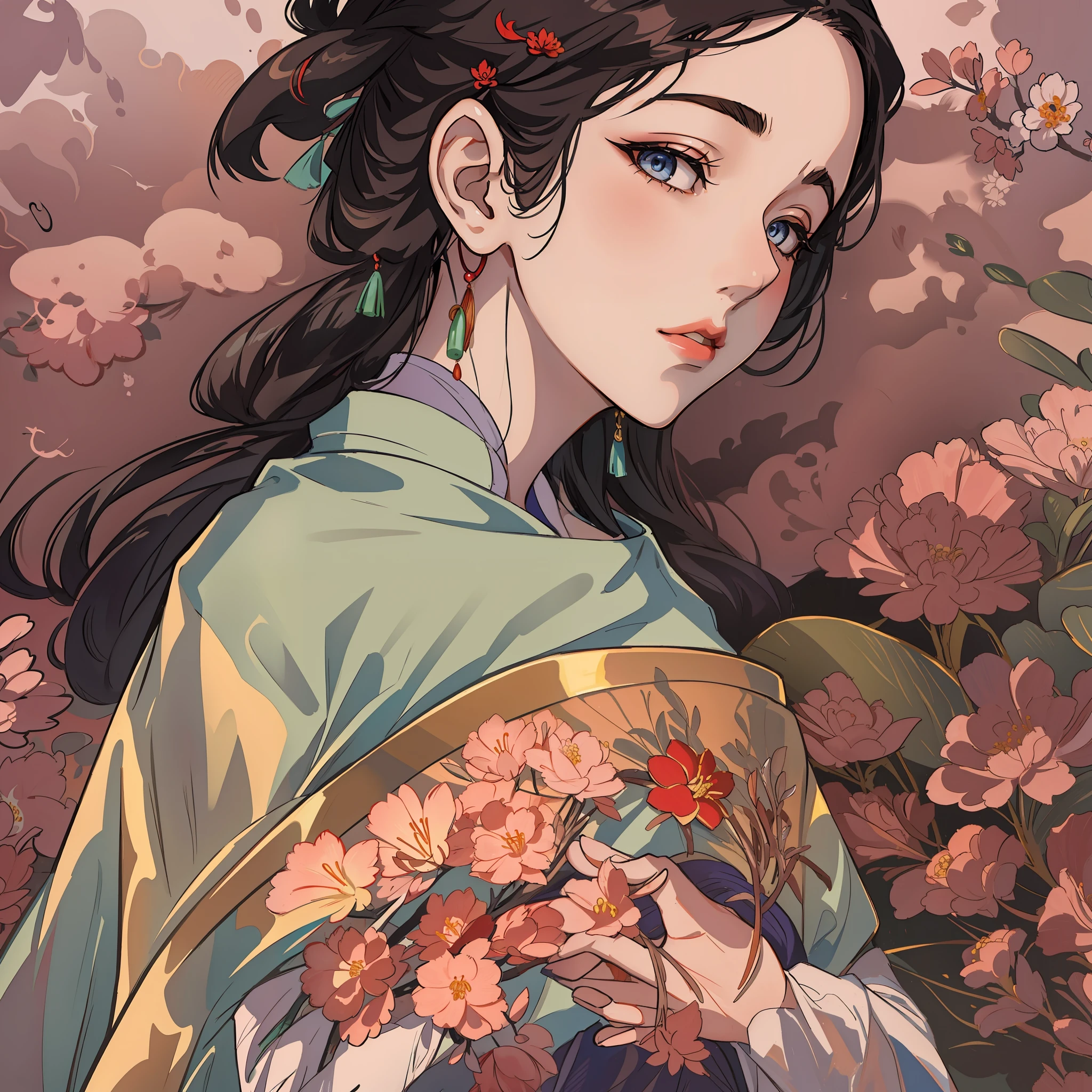 An ancient Chinese beauty, charming temperament, flowing long skirt, clear face, beautiful eyes, osmanthus surrounding, masterpiece, super detailed, epic composition, super HD, high quality, highest quality, 32k --v 6