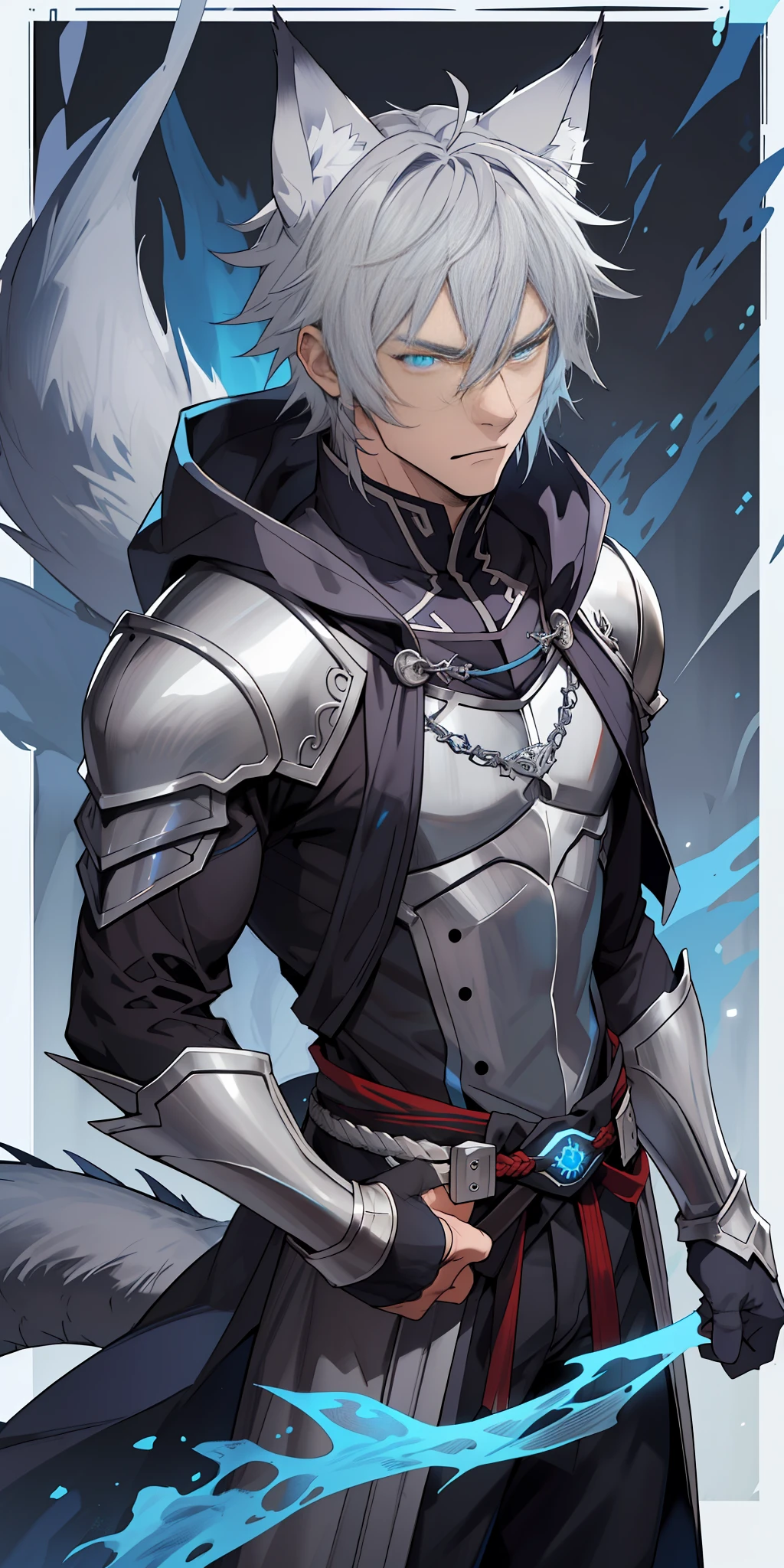1male, toned, gray hair, slim, glowing blue eyes, HD, vibrant, masterpiece, wolf ears, wolf tail, knight robes, dead expression, hero, solo, riding dragon, upper body