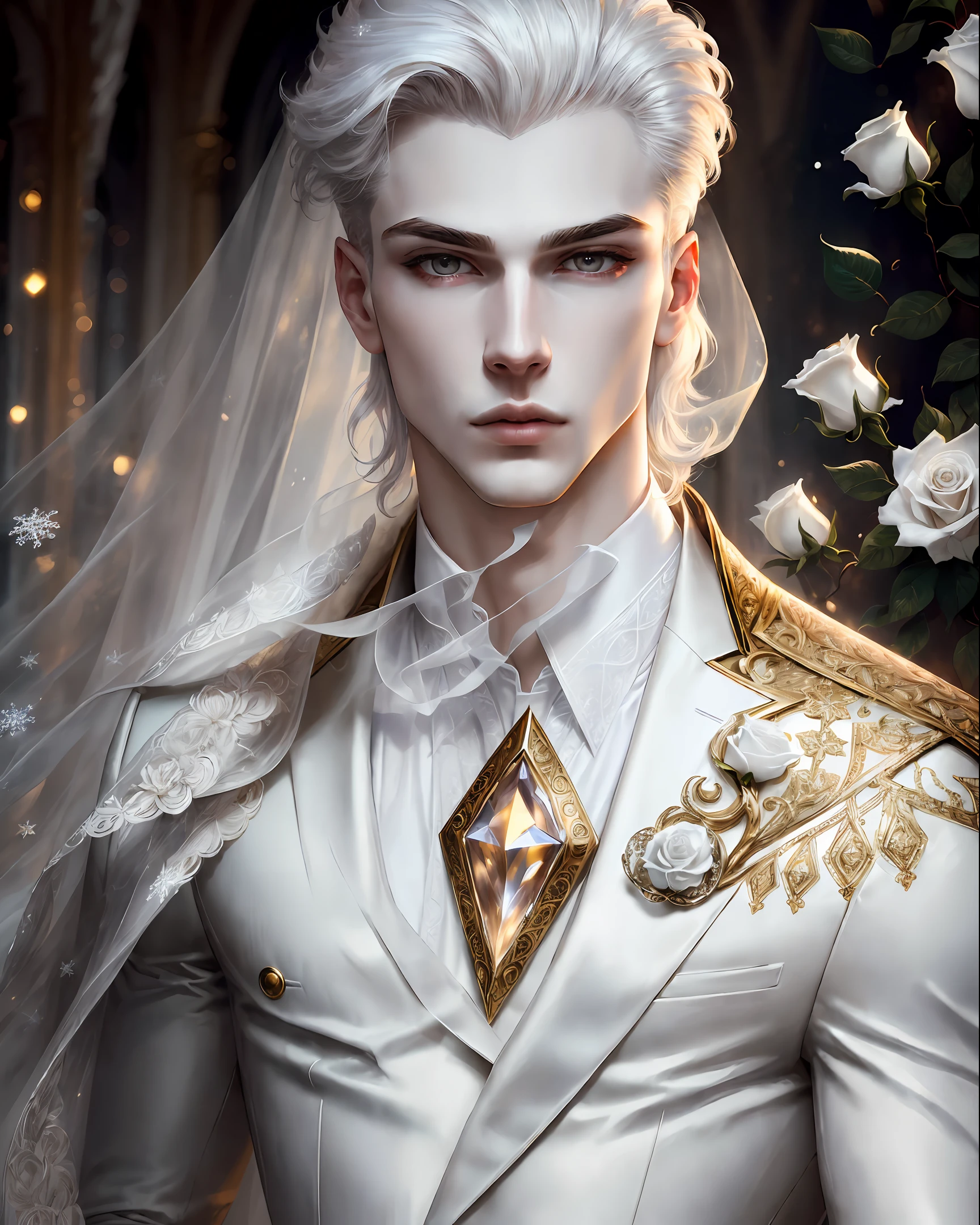 masterpiece,highest quality,(solo focus),(perfect face:1.1),(high detail:1.1),dramatic,1guy, (pale skin),(unparalleled masterpiece),sidelighting,(perfect face:1.1),(stunningly beautiful Male Vampire),(long White voluminous hair),(intricate details),(1guy),(mole under eye),goth Renaissance,White eyes, palace,(white Roses background),detailed texture,(a realistic representation of a detailed male Diamond shaped face),(full lips),approaching perfection,ultra high definition,8k resolution,(ethereal),white suit,aesthetic,dynamic,glowing,glamour,(glimmer),light arched eyebrows,(perfect proportion),snowflakes,Gold,(full body),detailed background,perfect anatomy,Lace,backlit,smooth,sharp focus,dreamy,fantastical,shadows,(solo focus),(perfect face:1.1),(high detail:1.1),dramatic,1guy,(pale skin),solo,pouty lips, futuristic city,detailed background