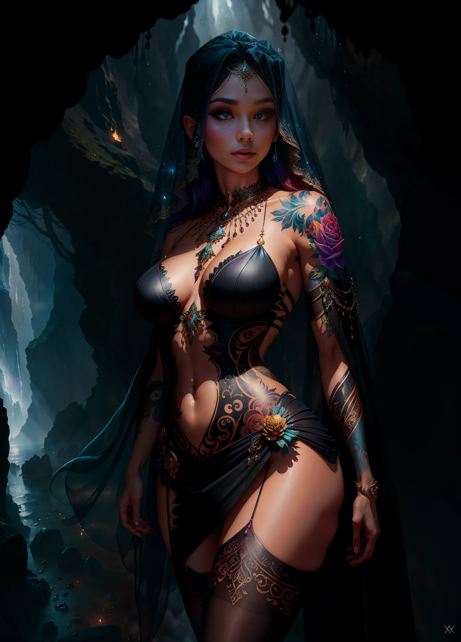 Sexy full body photos, perfect female body structure proportions, the most beautiful artwork in the world, colorful tattoo art, cinematic light, fantasy, high, highest quality, super detail, best quality, masterpiece, 8K, dynamic pose, (detailed face), a full-body sexy mature woman with fair (detailed skin texture,) skin, detailed face, wearing a ripped miniskirt and (torn open) (transparent galaxy) cloth, (floating cloth), wearing a translucent veil, with a necklace, Open shoulders draped with magic shoulder pads, exquisite hair accessories, mysterious beautiful colored tattoos on the body (shoulders, chest, thighs,), stockings, behind (mysterious stone cave at dusk, ethereal mist, camel hair, ,) bright, light reflection, magical qualities, mysterious times, wonderful details, rainy weather, mysterious warm and friendly atmosphere, hyperrealistic painting, underground scattering, light tracing, cinematic lighting, realistic shadows, Octane rendering, concept art, reality, neo-traditional tattoo art, SD Tattoo Designs, Colorful Tattoo Art, Incredible Shadows, Midjourney Art, Unreal Engine 5,--v6, --auto