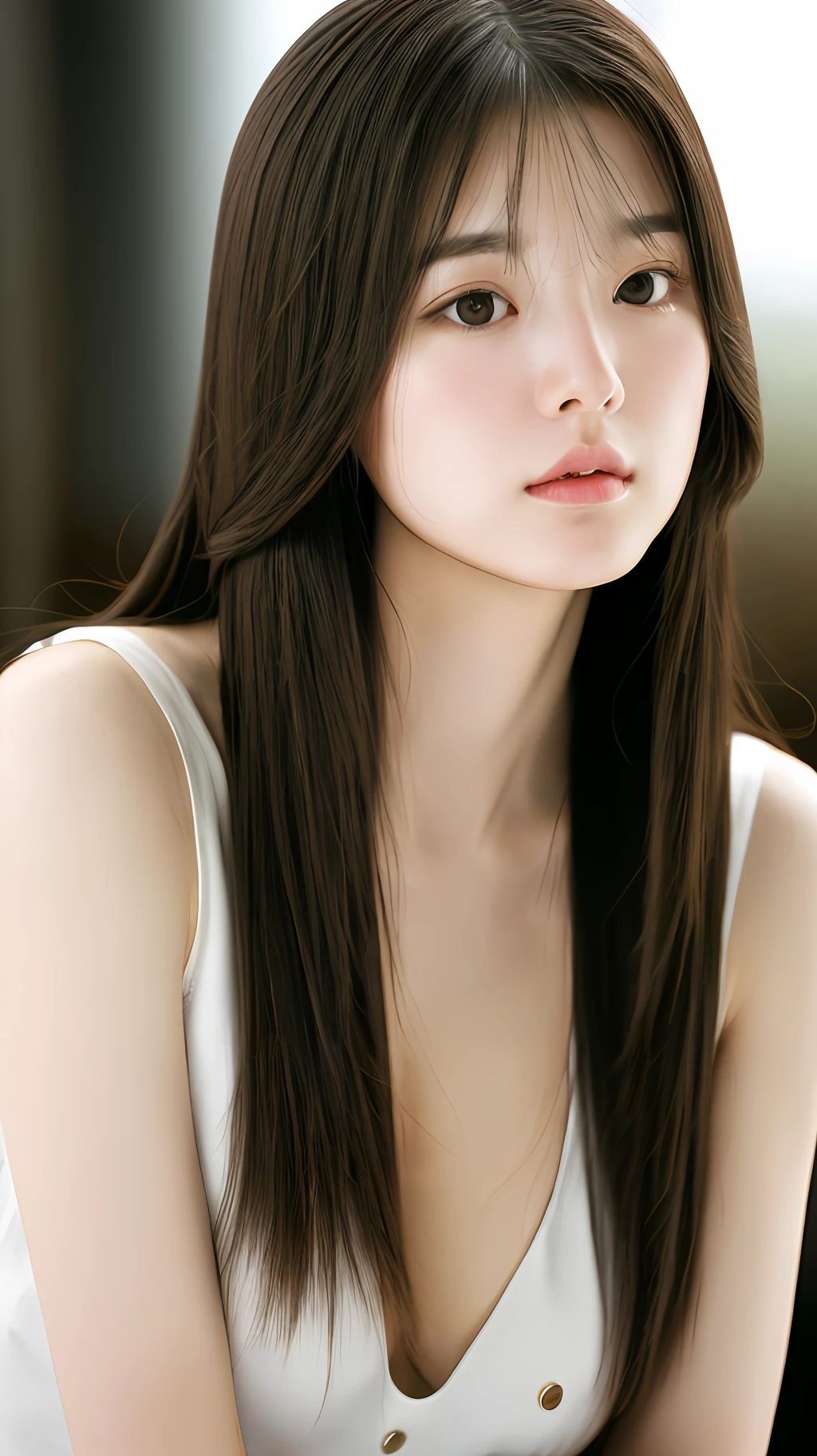 realistic photos of (1 cute Korean star) long straight hair, light makeup, medium breasts, sulk mood, sleeveless top, clear facial features of Canon EOS 35mm, 8K high resolution, sharp and realistic details, close up, full body