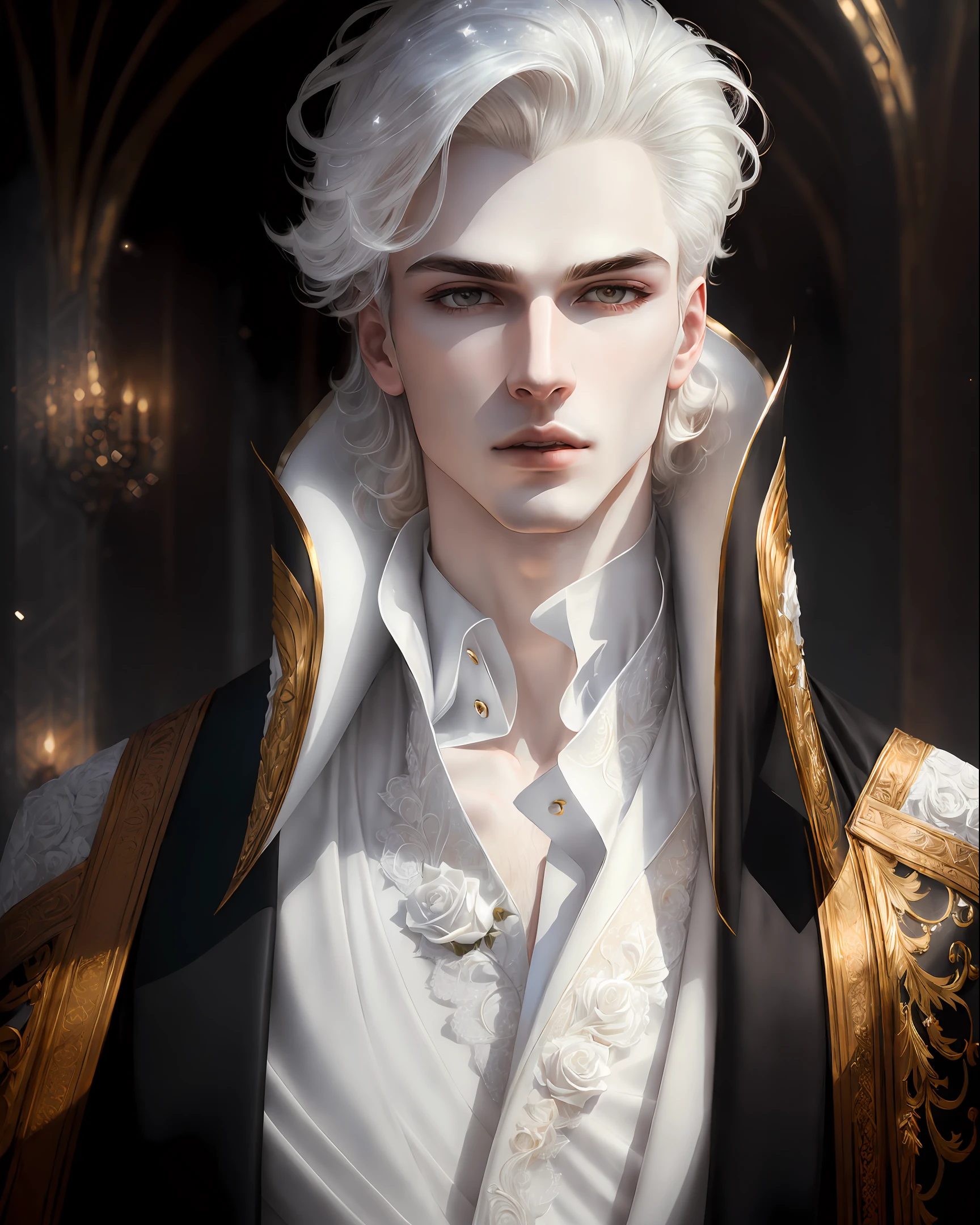 masterpiece,highest quality,(solo focus),(perfect face:1.1),(high detail:1.1),dramatic,1guy, (pale skin),(unparalleled masterpiece),sidelighting,(perfect face:1.1),(stunningly beautiful Male Vampire),(long White voluminous hair),(intricate details),(1guy),(mole under eye),goth Renaissance,White eyes, palace,(white Roses background),detailed texture,(a realistic representation of a detailed male Diamond shaped face),(full lips),approaching perfection,ultra high definition,8k resolution,(ethereal),white suit,aesthetic,dynamic,glowing,glamour,(glimmer),light arched eyebrows,(perfect proportion),snowflakes,Gold,(full body),detailed background,perfect anatomy,Lace,backlit,smooth,sharp focus,dreamy,fantastical,shadows,(solo focus),(perfect face:1.1),(high detail:1.1),dramatic,1guy,(pale skin),solo,pouty lips, futuristic city,detailed background