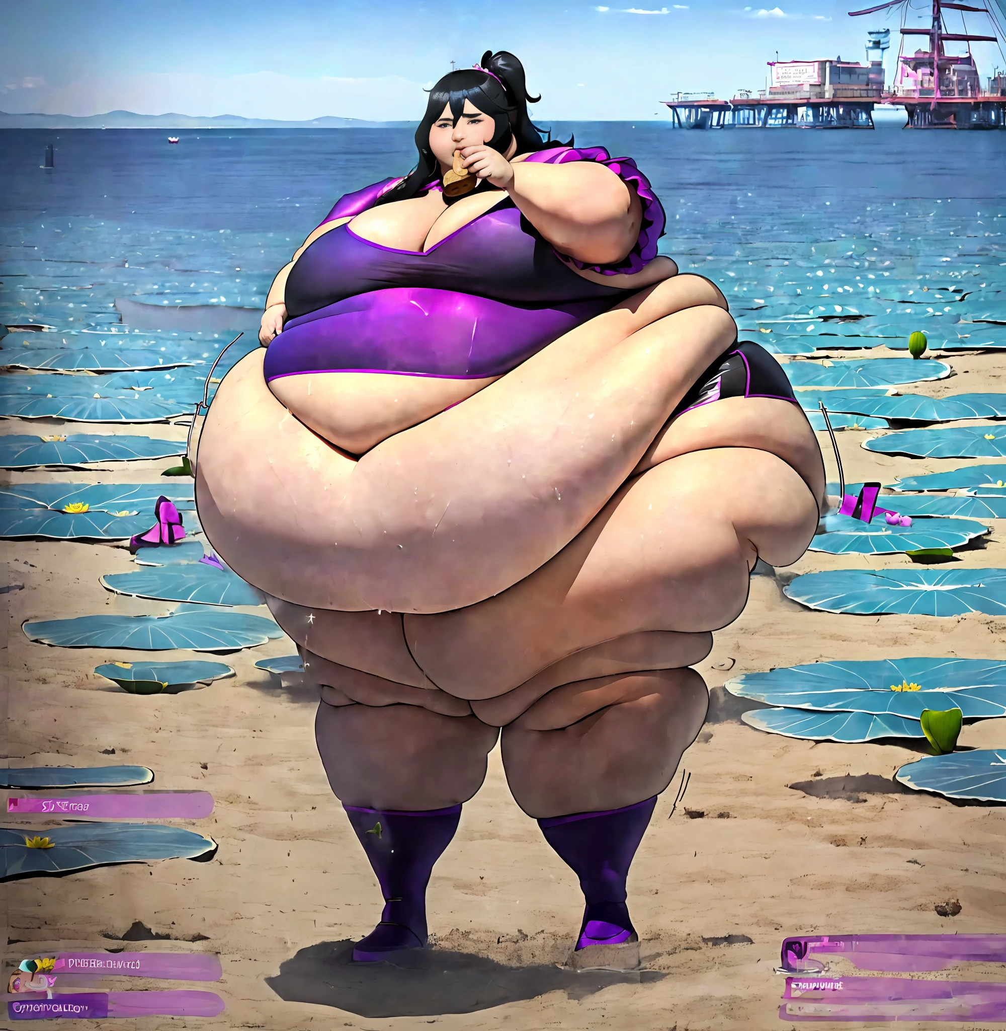 a anime drawing of a fat man with a whip in his hand, thicc, full body portrait of , fullbody commission for, thicc build, commission for high res, thick black lineart, he , cel shaded!!!, oc commission, full body!, ((handsome)) mature man in a purple outfit and black boots, Frilly white skirt, purple vest ((with Lotus motifs)), flaired dark purple sleeves ((wearing magical Girl inspired outfit)), Black hair styled in a single bun with a purple ribbon around it, full body close-up shot Single Subject!!, background (( a Pier with Lotuses in the water)) . Insanely obese!! (Giant,Fat, round, belly)), ,(( Giant double wide hips)), ((giant fat round butt), (( giant, round, fat thighs)) , Proportionally large and fat arms and Legs!!, Giant Fat breast, fat chubby cheeks, Fat face, multiple chins, , masterpiece!!, full body!! , Expression(angry, frowning) pose(stuffing food in mouth, legs Spread out ), Effects ( clothes ripping ,food stains, sweat), Giant shot