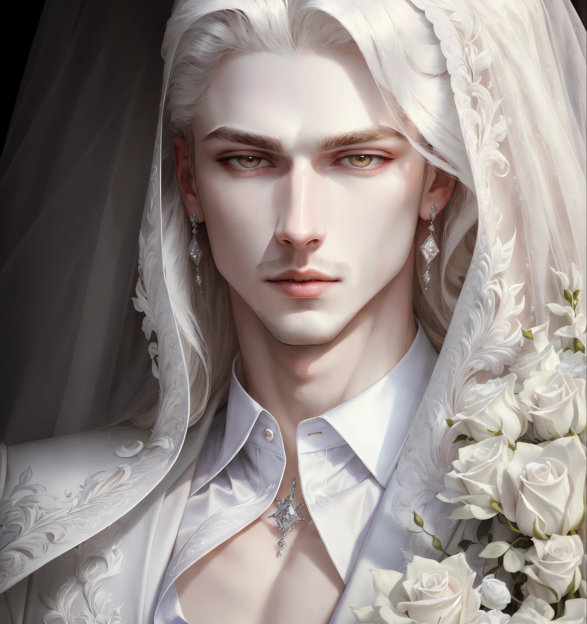 masterpiece,highest quality,(solo focus),(perfect face:1.1),(high detail:1.1),1guy, (pale skin),(unparalleled masterpiece),sidelighting,(perfect face:1.1),(stunningly beautiful Male Vampire),(long White hair),(intricate details),(1guy),(mole under eye),goth Renaissance,White eyes, palace,(white Roses background),detailed texture,(a realistic representation of a detailed male Diamond shaped face),(full lips),approaching perfection,ultra high definition,8k resolution,(ethereal),white suit,aesthetic