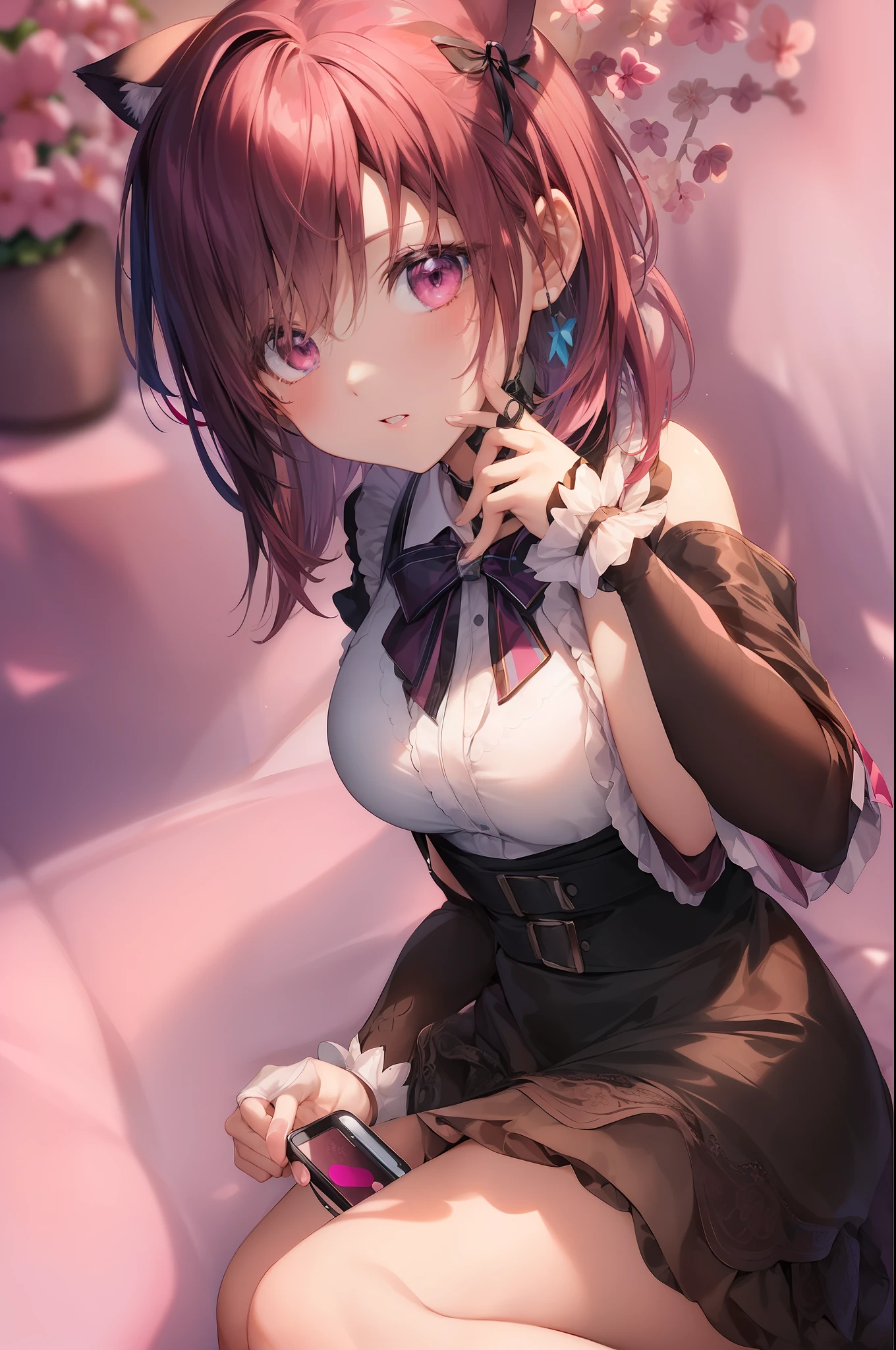 masterpiece, best quality, march7th, short hair, multicolored eyes, pink hair, bangs, blue eyes, long locks, ribbon earrings, white shirt, black skirt, choker, jacket, 1girl, using phone, sitting down, cat ears,