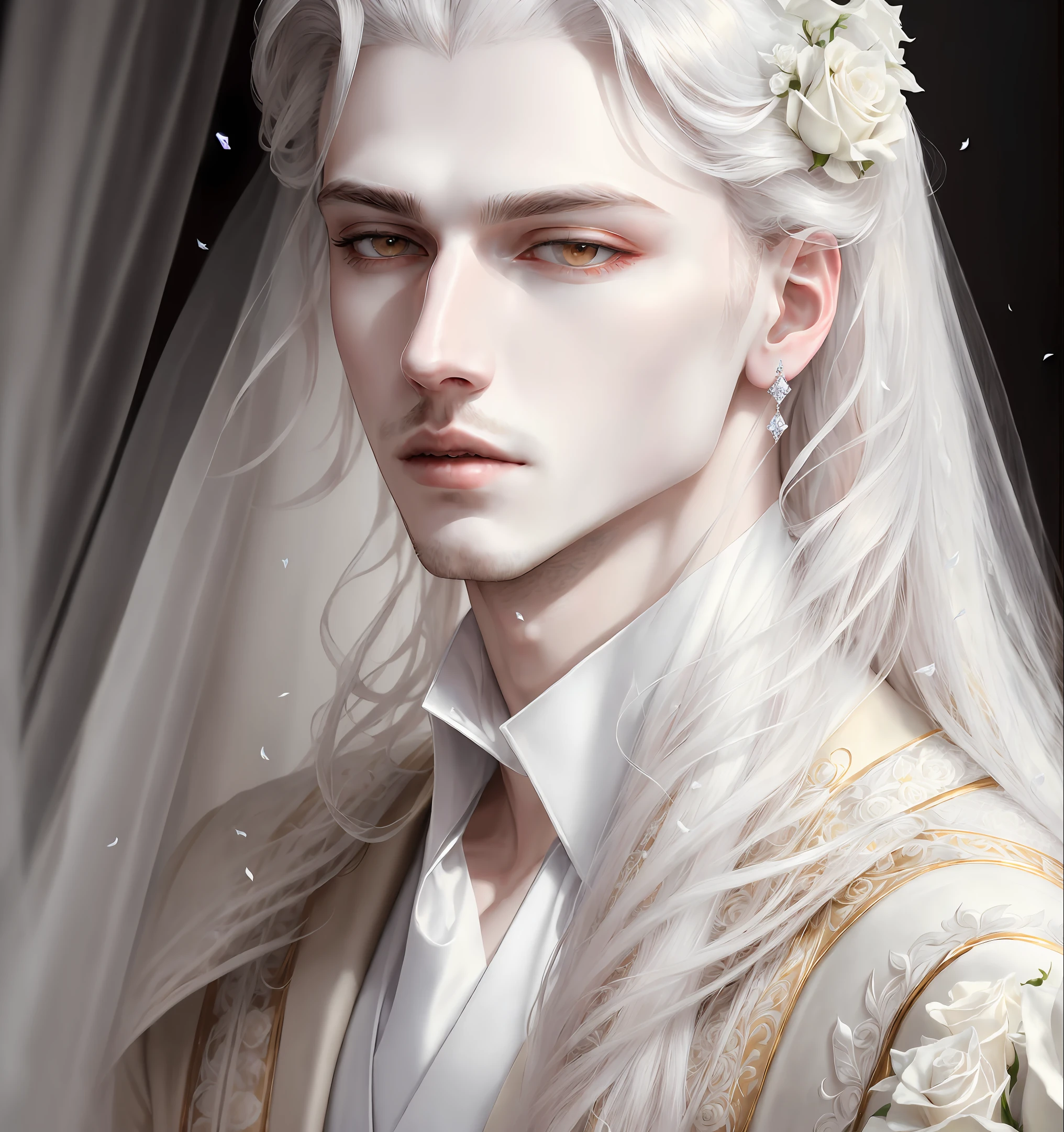 masterpiece,highest quality,(solo focus),(perfect face:1.1),(high detail:1.1),1guy, (pale skin),(unparalleled masterpiece),sidelighting,(perfect face:1.1),(stunningly beautiful Male Vampire),(long White hair),(intricate details),(1guy),(mole under eye),goth Renaissance,White eyes, palace,(white Roses background),detailed texture,(a realistic representation of a detailed male Diamond shaped face),(full lips),approaching perfection,ultra high definition,8k resolution,(ethereal),white suit,aesthetic