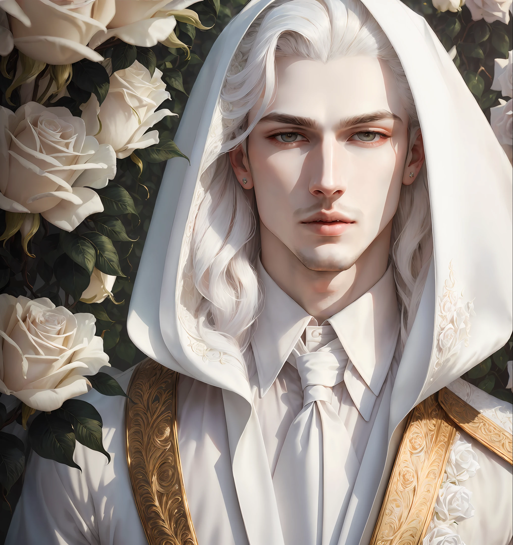 masterpiece,highest quality,(solo focus),(perfect face:1.1),(high detail:1.1),1guy, (pale skin),(unparalleled masterpiece),sidelighting,(perfect face:1.1),(stunningly beautiful Male Vampire),(long White hair),(intricate details),(1guy),(mole under eye),goth Renaissance,White eyes, palace,(white Roses background),detailed texture,(a realistic representation of a detailed male Diamond shaped face),(full lips),approaching perfection,ultra high definition,8k resolution,(ethereal),white suit,aesthetic