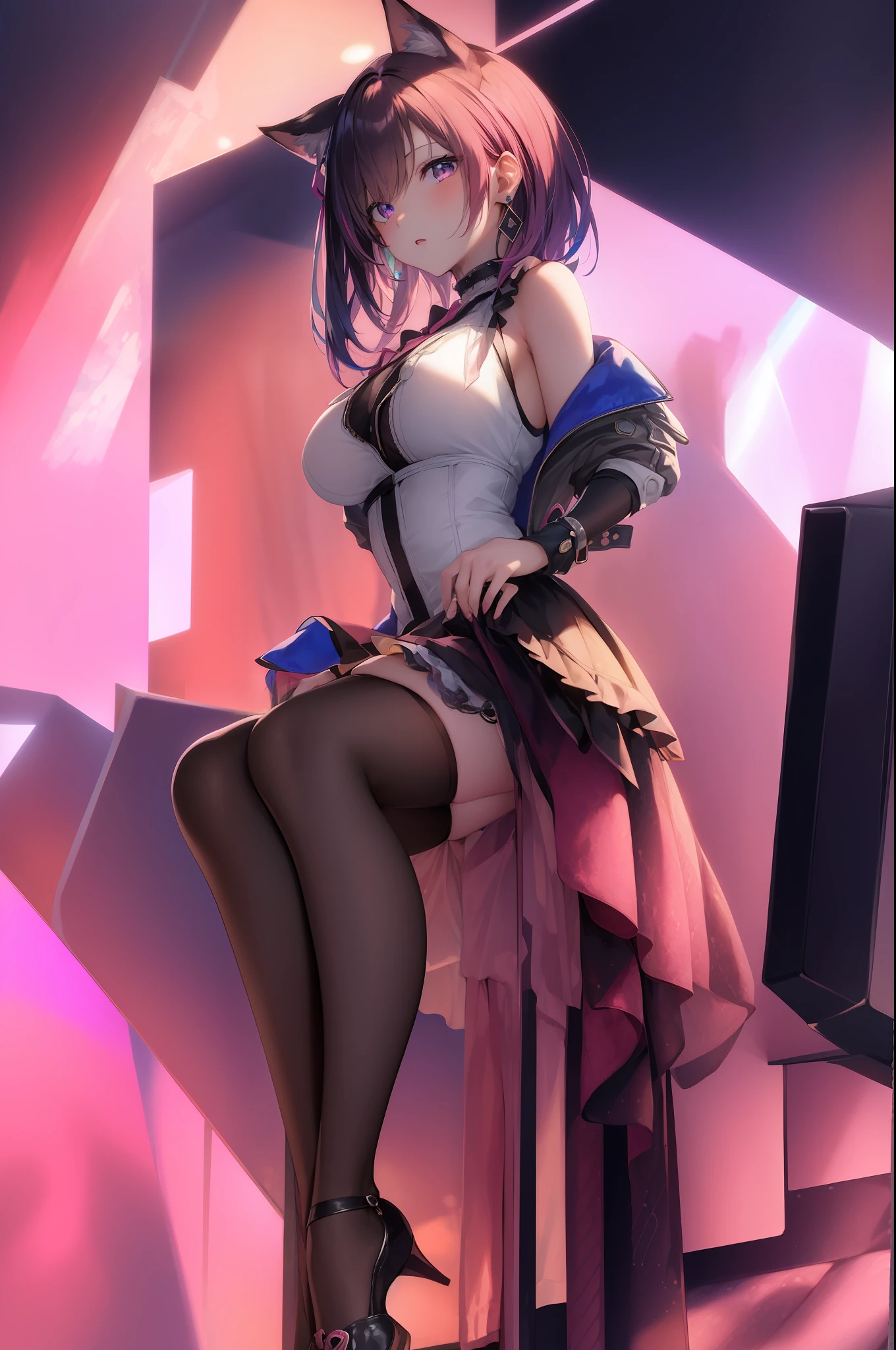 masterpiece, best quality, march7th, short hair, multicolored eyes, pink hair, bangs, blue eyes, long locks, ribbon earrings, white shirt, black skirt, choker, jacket, 1 girl, looking at phone, sitting down, wearing cat ears, ultra realistic face,