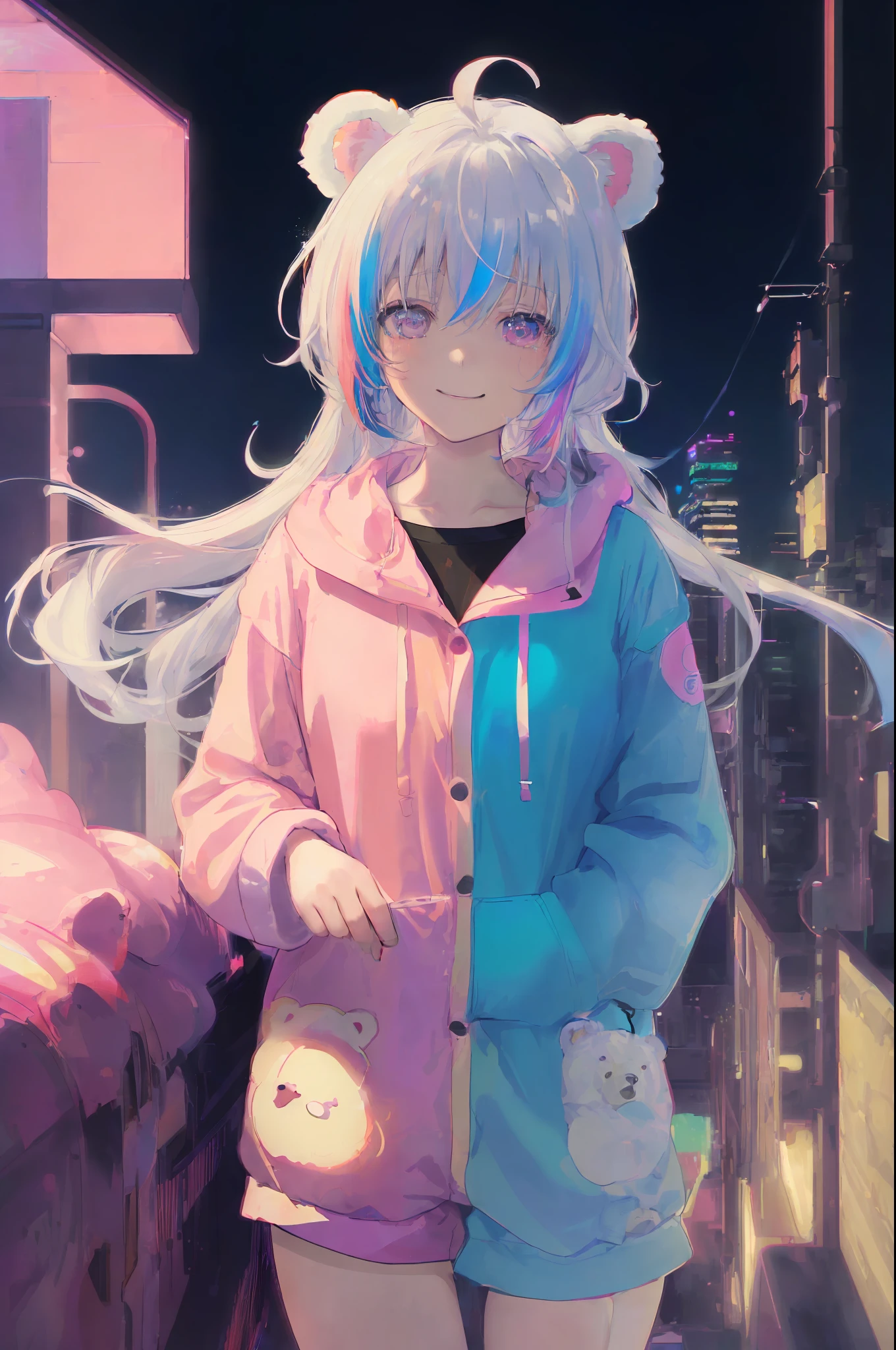 (art by yaguru magiku, (001glitch-core, dreamcore), 8sconception, alberto-mielgo, anime-background-style-v2, Super Quality, Vaporwave,Synth Wave,weirdcore, dreamy, full body
((a girl wearing an adorable bear ear hooded onesie pajamas to protect her from the cold. It's made with a bear face on the hood to show a sense of warmth, safety, and comfort. The girl's smile is warm and happy. It's the perfect onesie to wear in the winter time while watching a movie with a loved one with blankets and hot chocolate.))
Visual effects:movie lights, ,((masterpiece)),best quality,high resolution illustrations,particle effect,((very detailed CG)),((masterpiece))absurd,intricate details,((8k_wallpaper)),
[[red, blue, green, yellow, black, white, pink, purple, cowboy shot, ((((colorful)))), ink and wash painting, [white hair], delicate and beautiful girl, ((illustration)), ((floating hair)), ((chromatic aberration))]],1girl,