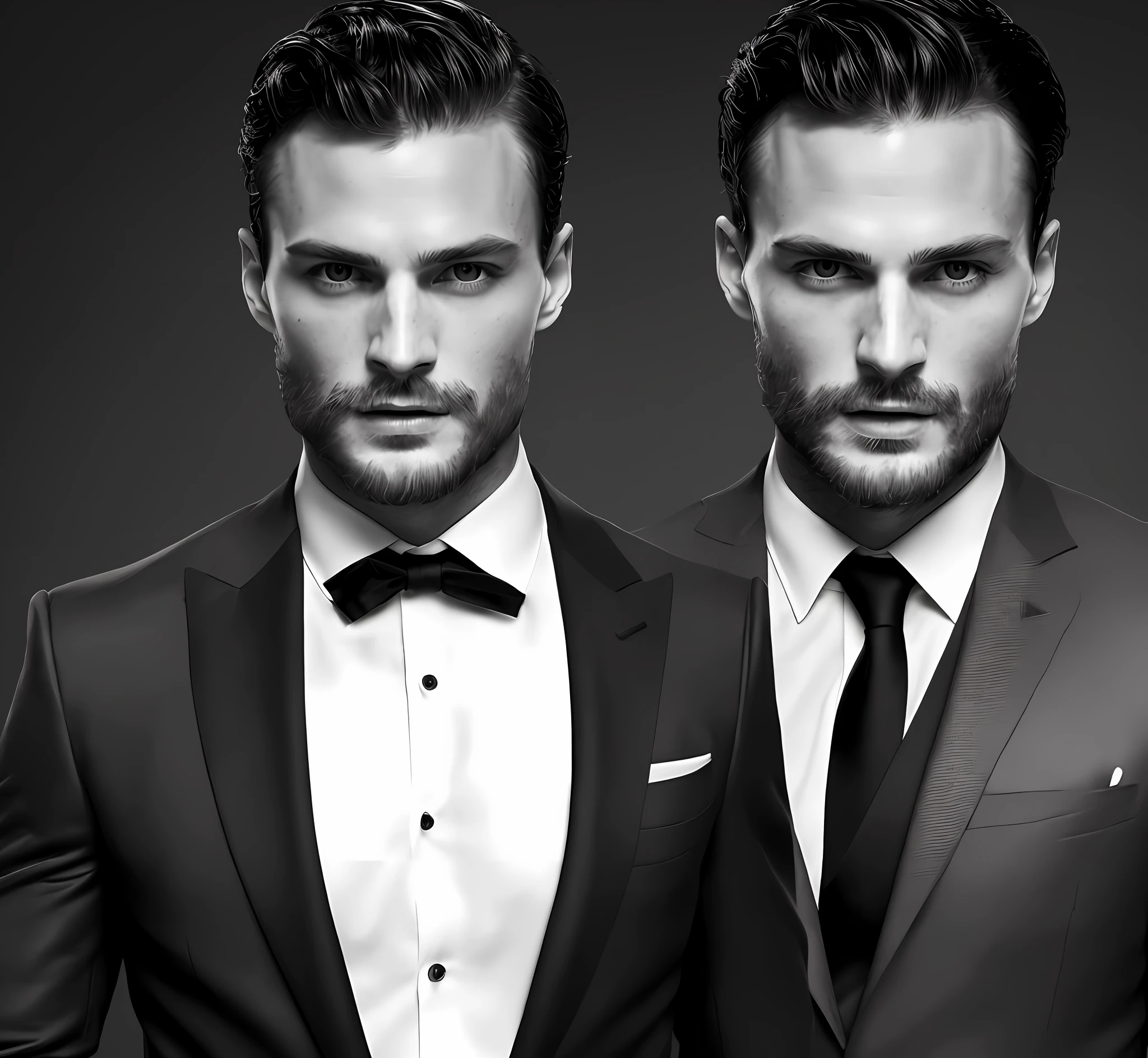 (create a ceo wearing black suit without tie), (Moreno with symmetrical model face), wearing thin beard, short dark hair, stylish and elegant, man similar to actor jamie dornan, (high quality and realistic image), black dark background, cinematic style, ((Best quality, 8k, Masterpiece), agent style 007.