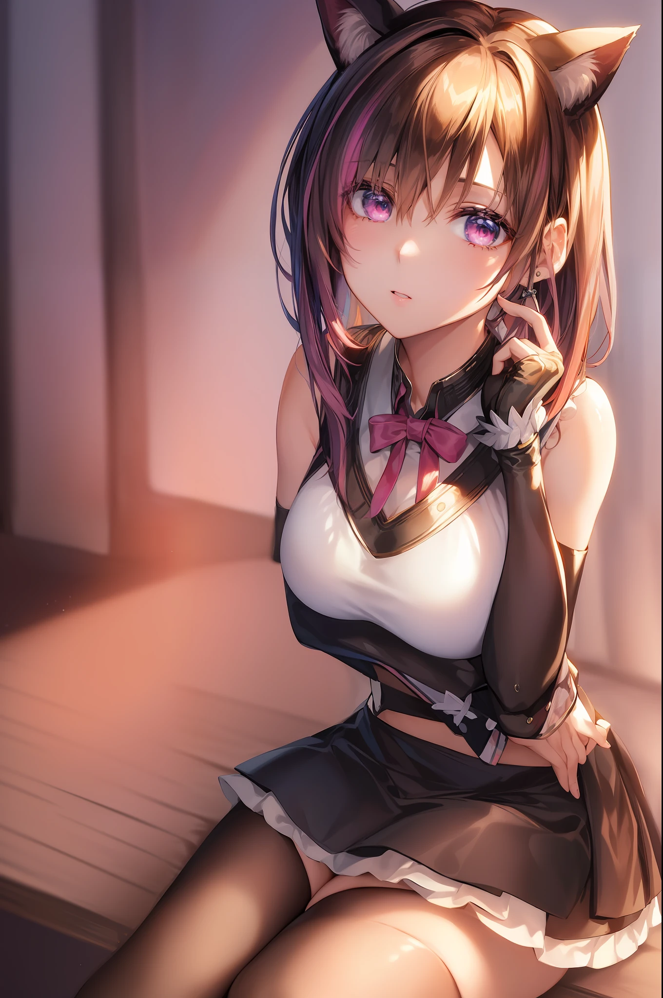 masterpiece, best quality, march7th, short hair, multicolored eyes, pink hair, bangs, blue eyes, long locks, ribbon earrings, white shirt, black skirt, choker, jacket, 1 girl, looking at phone, sitting down, wearing cat ears, ultra realistic face,
