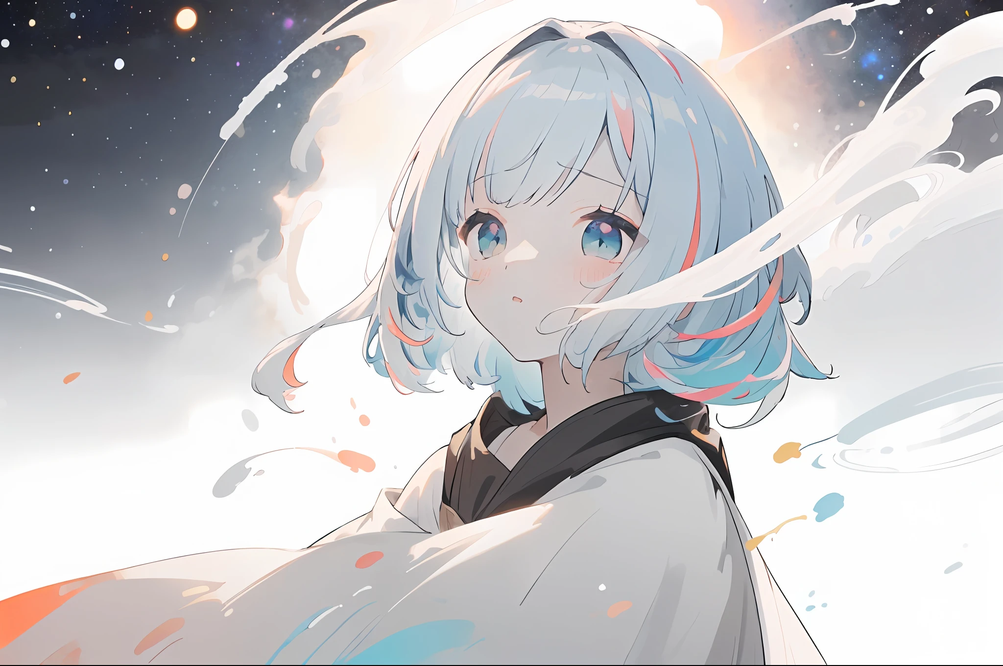 ((masterpiece)), (((best quality))), ((ultra-detailed)), ((illustration)),[realism light effect],shadow,(Fantasy style),(white background:1.6), simple background, (earth theme),(a cloak)[(hair focus,((1girl)),[(big slime hair): (cloud hair):0.3], (hair on background),(high saturation),(hair surrounded by galaxy splashes),)):((her hair is becoming galaxy clouds,:1.27628), (hair and clothes is galaxy clouds and cluster of stars:1.1025),(a cloak is becoming galaxy clouds)(colorful_galaxy_print_clusters_of_stars_print:1.35),((detailed starry sky with colorful galaxy and galaxy clouds):1.2)):0.35], (((masterpiece))),(((best quality))),((ultra-detailed)),(illustration),(dynamic angle),((floating)),(paint),((disheveled hair)),((beautiful detailed face)),collar,bare shoulders, ((colorful hair)),((streaked hair)),beautiful detailed eyes,(Gradient color eyes),(((colorful eyes))),(((colorful background))),(((high saturation))),(((surrounded by colorful splashes))),(((surrounded by colorful dot))),colorful bubble,((shining)),