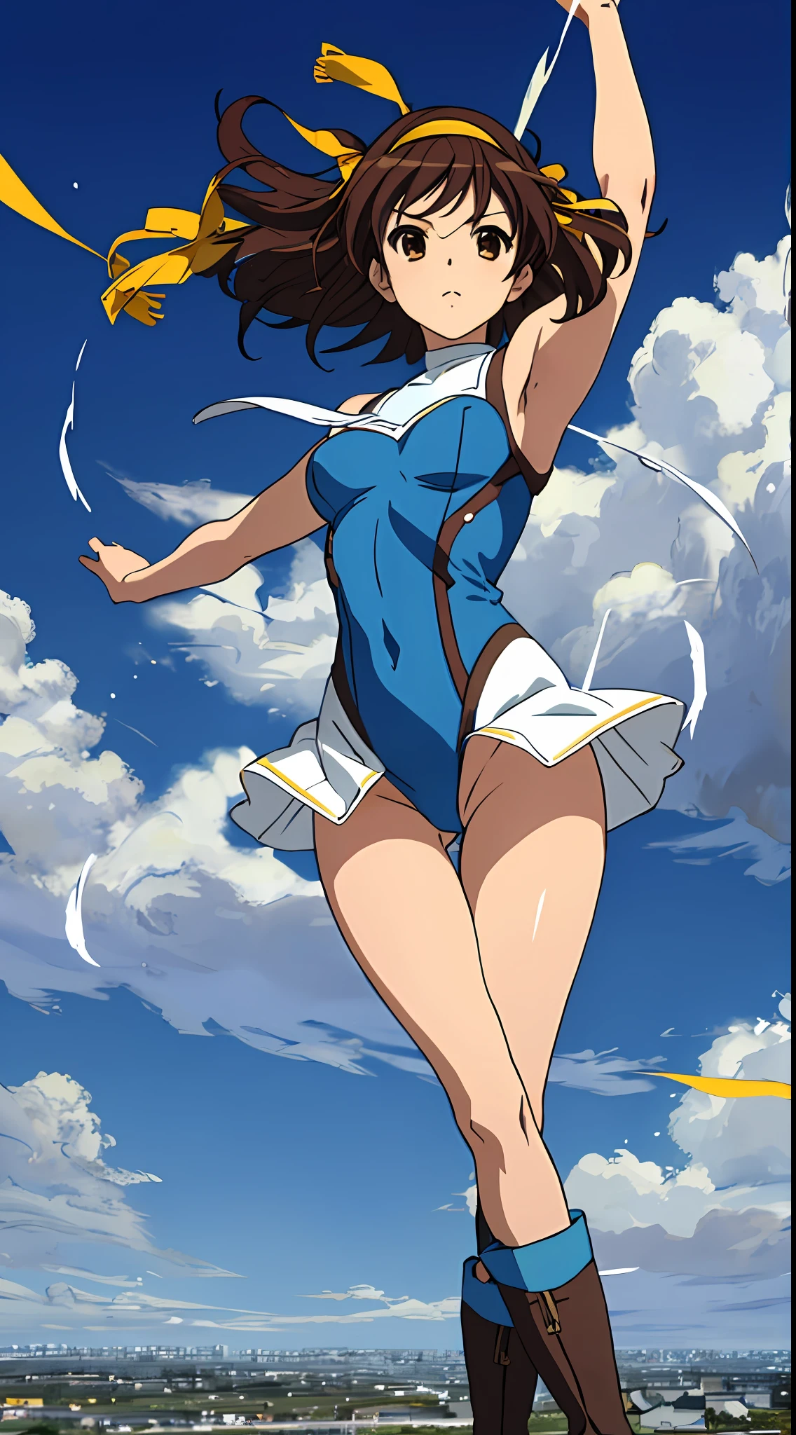 masterpiece, best quality, highres, 1girl, solo, superhero, leotard, blue and white leotard, bare legs, brown hair, short hair, brown eyes, hairband, medium hair, ribbon, boots, matching boots, blue boots, medium breasts, cowboy shot, standing, city backdrop, haruhi suzumiya, kyoani haruhi style, sleeveless, tornado spin, spin, twirl, wind particles, light particles, swirls, tornado swirls, super-spin, perfect arms, perfect legs, perfect hands,