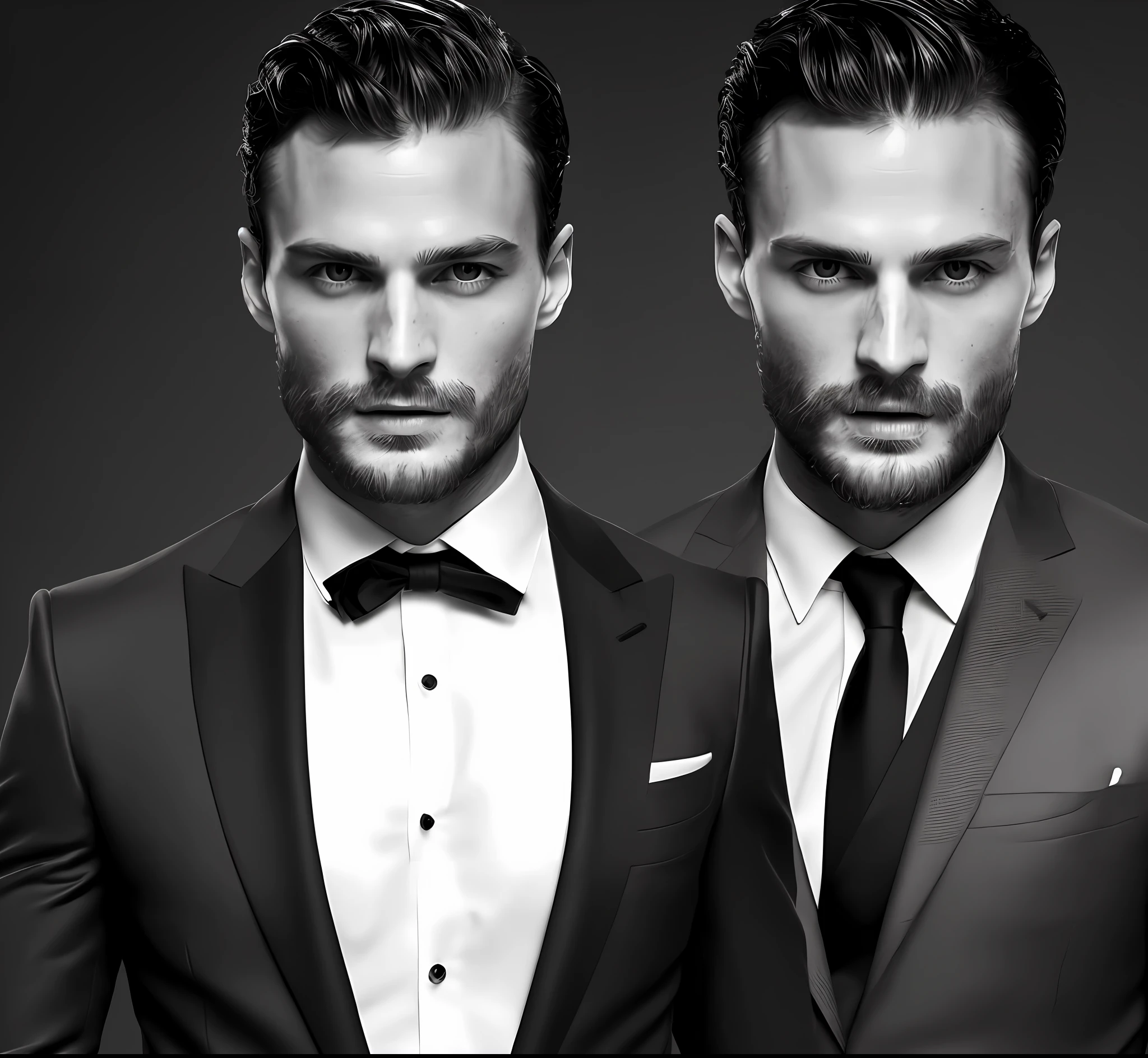 (create a ceo wearing black suit without tie), (Moreno with symmetrical model face), wearing thin beard, short dark hair, stylish and elegant, man similar to actor jamie dornan, (high quality and realistic image), black dark background, cinematic style, ((Best quality, 8k, Masterpiece), agent style 007.