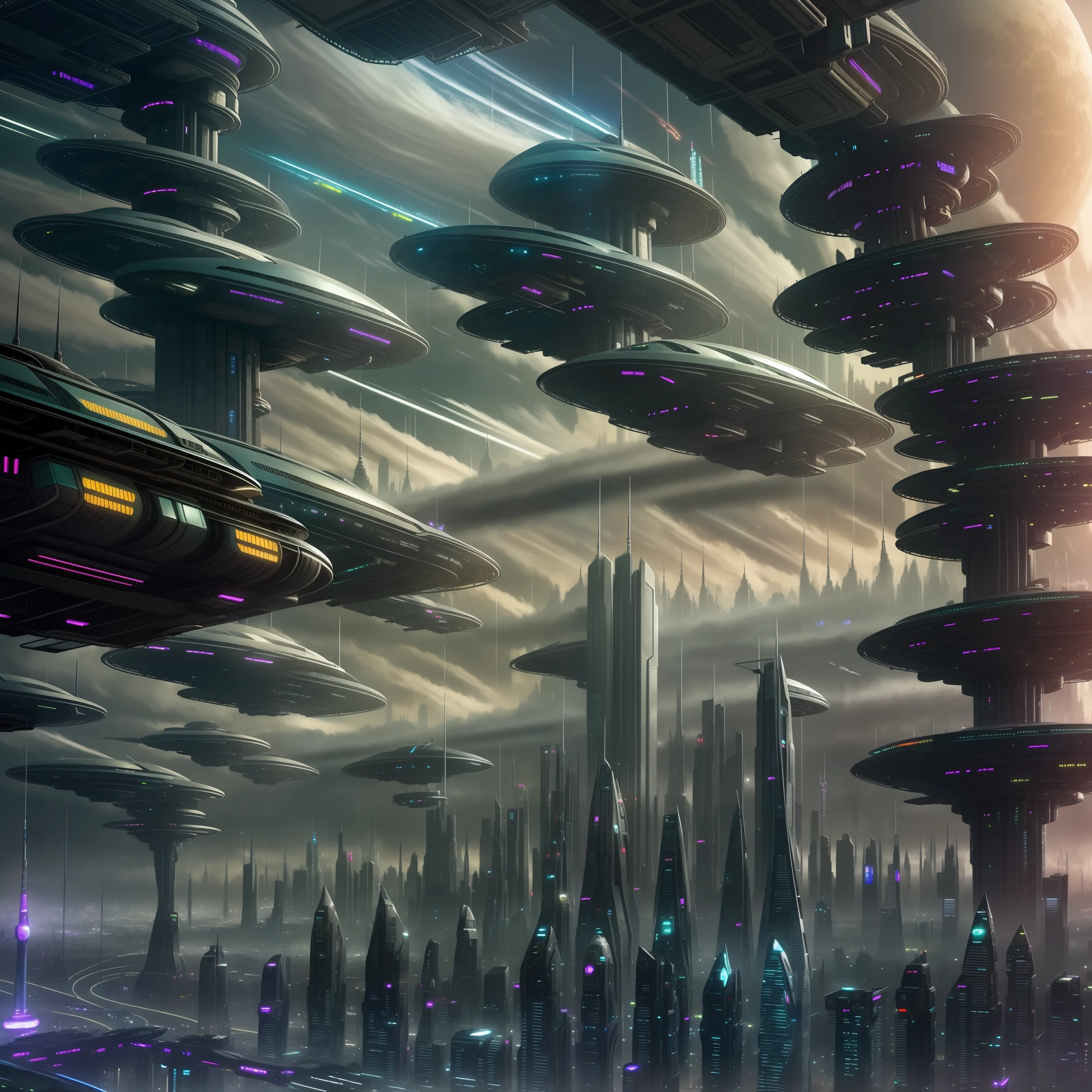 futuristic city with a lot of tall buildings and a train, in fantasy sci - fi city, parked spaceships, sci - fi city, busy cyberpunk metropolis, futuristic dystopian city, detailed sci-fi art, sci fi city, futuristic cyberpunk city, futuristic city scape, big and structured valhalla city, science fiction city, futuristic city, dystopian cyberpunk city, intricate cyberpunk city
