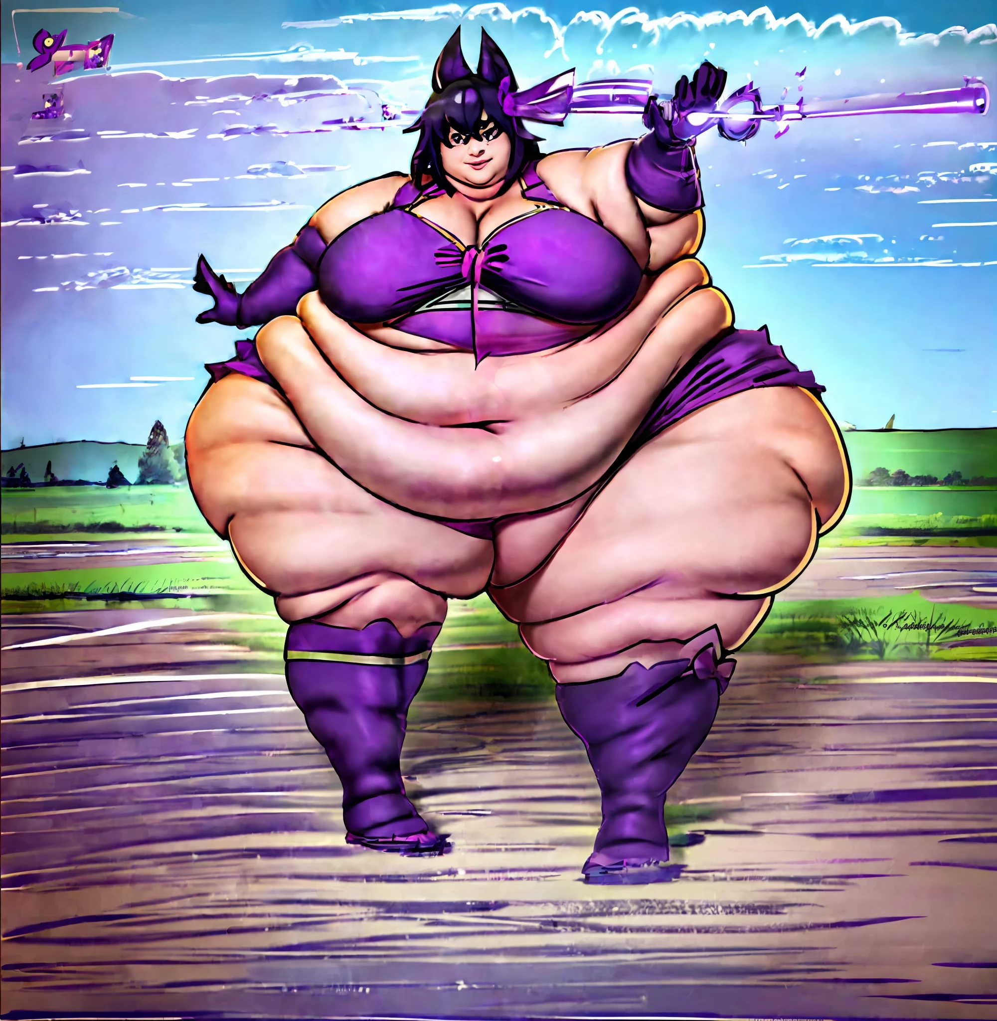 a anime drawing of a fat man with a whip in his hand, thicc, full body portrait of , fullbody commission for, thicc build, commission for high res, thick black lineart, he , cel shaded!!!, oc commission, full body!, ((handsome)) mature man in a purple outfit and black boots, Frilly white skirt, purple vest ((with Lotus motifs)), flaired dark purple sleeves ((wearing magical Girl inspired outfit)), Black hair styled in a single bun with a purple ribbon around it, full body close-up shot Single Subject!!, background (( a Pier with Lotuses in the water)) . Insanely obese!! (Giant,Fat, round, belly)), ,(( Giant double wide hips)), ((giant fat round butt), (( giant, round, fat thighs)) , Proportionally large and fat arms and Legs!!, Giant Fat breast, fat chubby cheeks, Fat face, multiple chins, , masterpiece!!, full body!! , Expression(angry, frowning) pose(rubbing belly , legs Spread out ), Effects ( clothes ripping , Purple lightining)