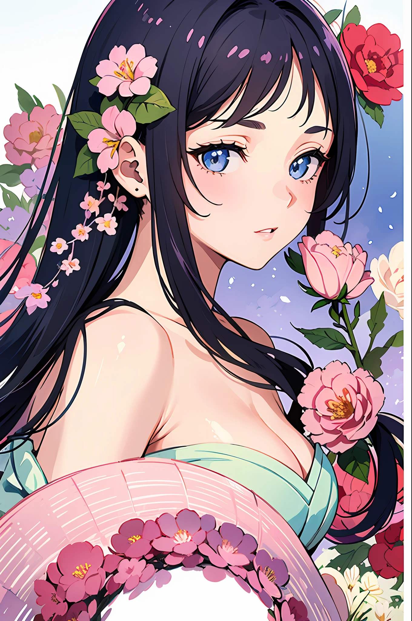 (masterpiece:1.3), (best quality:1.1), ((1girl)), ((solo)), (delicate eyes and delicate face: 1.3), (beautiful clear background: 1.2), (extremely detailed CG, super fine, Best shadows: 1.1), ((Depth of field)), ((Watercolor)), (Kimono: 1.3), Big breasts, bare shoulders, flowers and petals, Beautiful concept illustration, (Illustration: 1.1), (Extreme beauty: 1.1), (Perfect detail: 1.1), --v 6