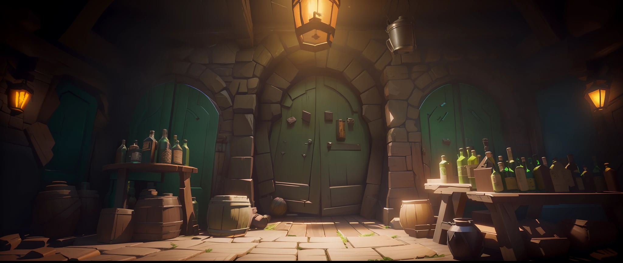 there is a room with a green door and a table with a bunch of bottles, a multidimensional cozy tavern, stylized 3d render, fantasy tavern background, detailed textures and lighting, stylized concept art, (octane render) fantasy style, tavern background, stylized shading, realism in style of fornite game, realistic shading and lighting, rendered in unrealengine
