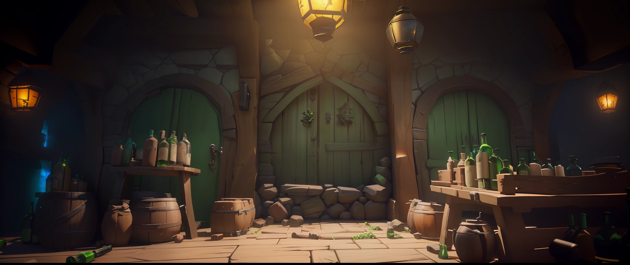 there is a room with a green door and a table with a bunch of bottles, a multidimensional cozy tavern, stylized 3d render, fantasy tavern background, detailed textures and lighting, stylized concept art, (octane render) fantasy style, tavern background, stylized shading, realism in style of fornite game, realistic shading and lighting, rendered in unrealengine