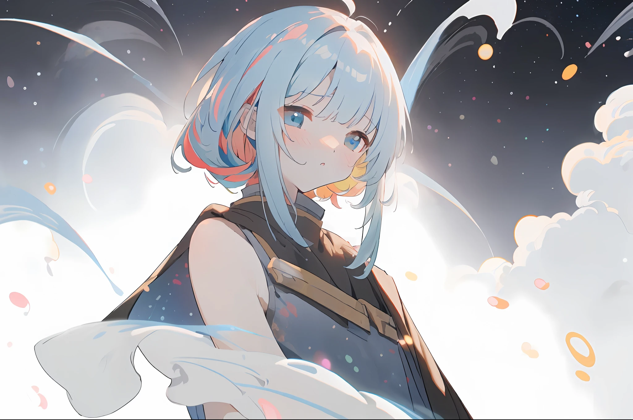 ((masterpiece)), (((best quality))), ((ultra-detailed)), ((illustration)),[realism light effect],shadow,(Fantasy style),(white background:1.6), simple background, (earth theme),(a cloak)[(hair focus,((1girl)),[(big slime hair): (cloud hair):0.3], (hair on background),(high saturation),(hair surrounded by galaxy splashes),)):((her hair is becoming galaxy clouds,:1.27628), (hair and clothes is galaxy clouds and cluster of stars:1.1025),(a cloak is becoming galaxy clouds)(colorful_galaxy_print_clusters_of_stars_print:1.35),((detailed starry sky with colorful galaxy and galaxy clouds):1.2)):0.35], (((masterpiece))),(((best quality))),((ultra-detailed)),(illustration),(dynamic angle),((floating)),(paint),((disheveled hair)),((beautiful detailed face)),collar,bare shoulders, ((colorful hair)),((streaked hair)),beautiful detailed eyes,(Gradient color eyes),(((colorful eyes))),(((colorful background))),(((high saturation))),(((surrounded by colorful splashes))),(((surrounded by colorful dot))),colorful bubble,((shining)),