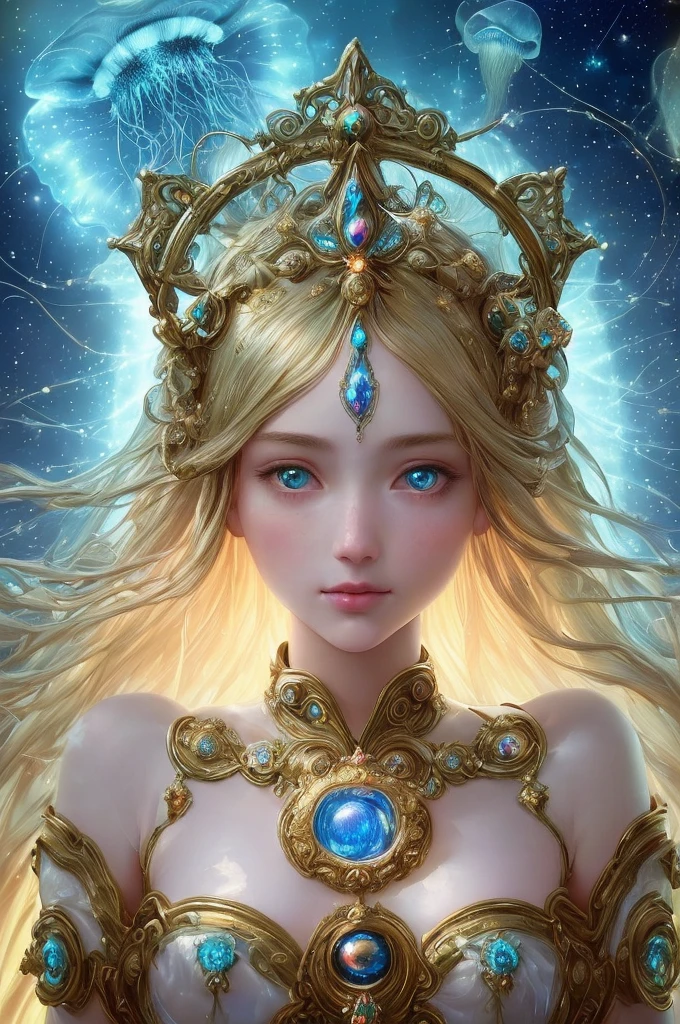 ((best quality)), ((masterpiece)), ((realistic)), portrait, 1girl, celestial, deity, goddess, light particles, halo, looking at viewer, (bioluminescent:0.95) ocean, bioluminescent, jellyfish, Vibrant, Colorful, Color, (Glow, Glow), (Beautiful Composition), Cinematic Lights, Intricate, (Symmetry: 0.5), Whimsical,
