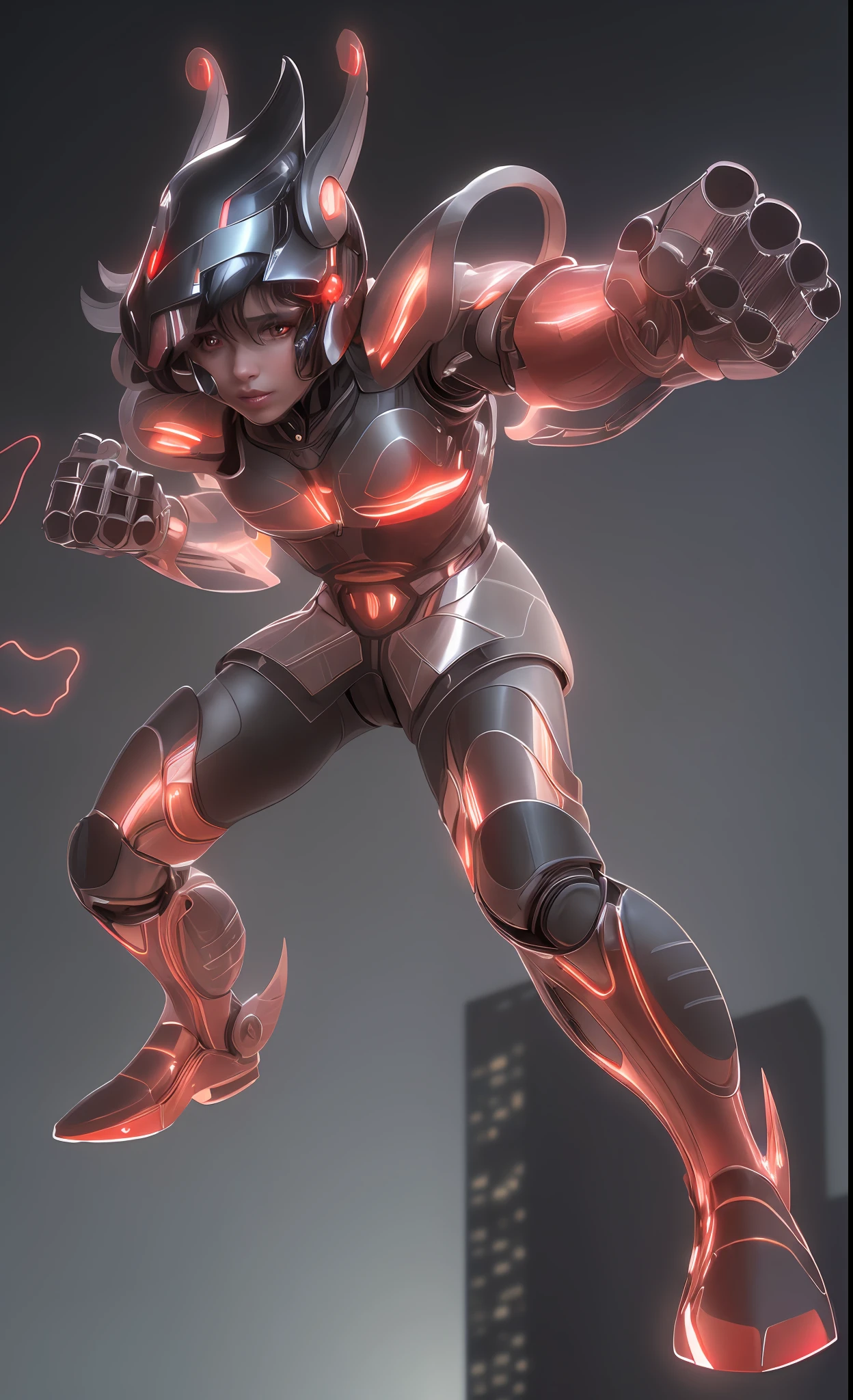 best quality, (masterpiece), an extremely delicate and beautiful illustration, extremely detailed 8k CG unit, cinematic lighting, solo, male, [close to], looking at the viewer, standing, delicate and beautiful face, (mechanical, Transformation by mechanization,Science Fiction,Technology,Engineering), delicate and beautiful eyes, red eyes, delicate hair, ((black hair)), messy hair, floating hair, ([skin wings:shiny mechanical wings:0.4]), metallic sheen,medium breasts,(body decorated with beautiful red stripe),[mechanical pleated skirt::15],[black power chest armor::15],exoskeleton,(cyberpunk city),starry sky,street,skyscrapers,night,(galaxy:1.3)