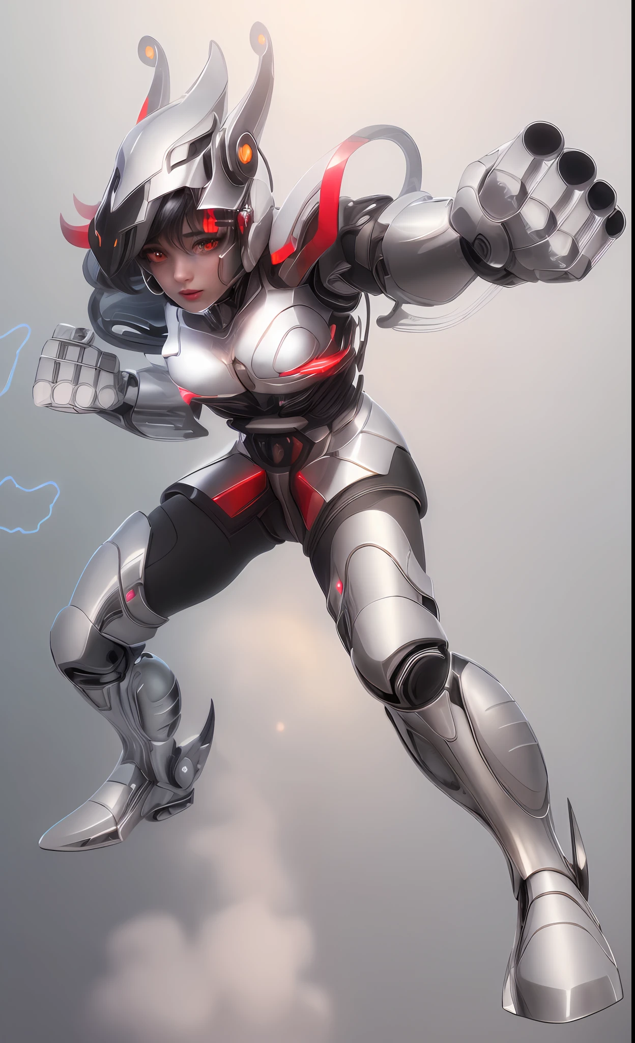 best quality, (masterpiece), an extremely delicate and beautiful illustration, extremely detailed 8k CG unit, cinematic lighting, solo, male, [close to], looking at the viewer, standing, delicate and beautiful face, (mechanical, Transformation by mechanization,Science Fiction,Technology,Engineering), delicate and beautiful eyes, red eyes, delicate hair, ((black hair)), messy hair, floating hair, ([skin wings:shiny mechanical wings:0.4]), metallic sheen,medium breasts,(body decorated with beautiful red stripe),[mechanical pleated skirt::15],[black power chest armor::15],exoskeleton,(cyberpunk city),starry sky,street,skyscrapers,night,(galaxy:1.3)
