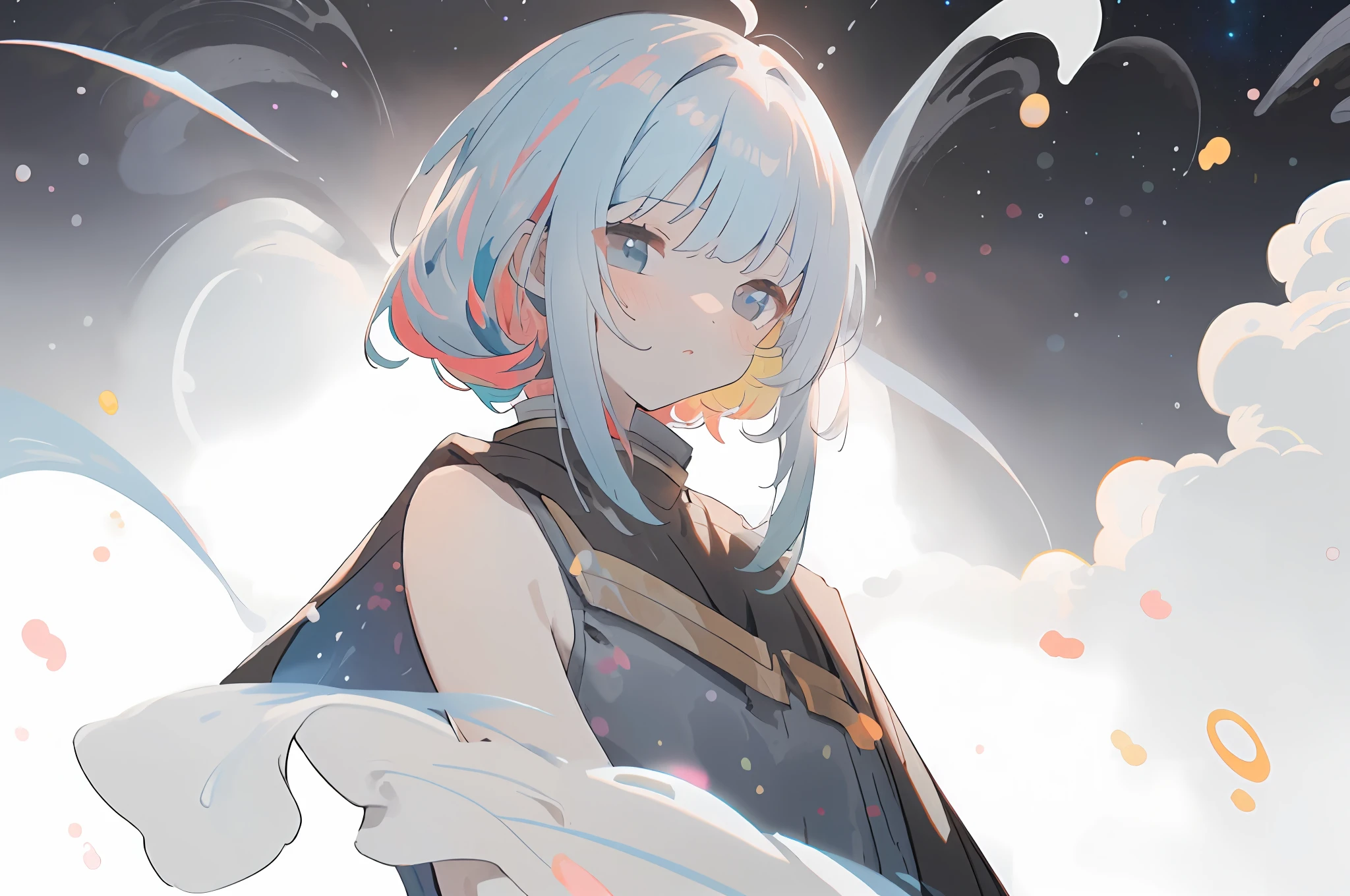 ((masterpiece)), (((best quality))), ((ultra-detailed)), ((illustration)),[realism light effect],shadow,(Fantasy style),(white background:1.6), simple background, (earth theme),(a cloak)[(hair focus,((1girl)),[(big slime hair): (cloud hair):0.3], (hair on background),(high saturation),(hair surrounded by galaxy splashes),)):((her hair is becoming galaxy clouds,:1.27628), (hair and clothes is galaxy clouds and cluster of stars:1.1025),(a cloak is becoming galaxy clouds)(colorful_galaxy_print_clusters_of_stars_print:1.35),((detailed starry sky with colorful galaxy and galaxy clouds):1.2)):0.35], (((masterpiece))),(((best quality))),((ultra-detailed)),(illustration),(dynamic angle),((floating)),(paint),((disheveled hair)),((beautiful detailed face)),collar,bare shoulders, ((colorful hair)),((streaked hair)),beautiful detailed eyes,(Gradient color eyes),(((colorful eyes))),(((colorful background))),(((high saturation))),(((surrounded by colorful splashes))),(((surrounded by colorful dot))),colorful bubble,((shining)),