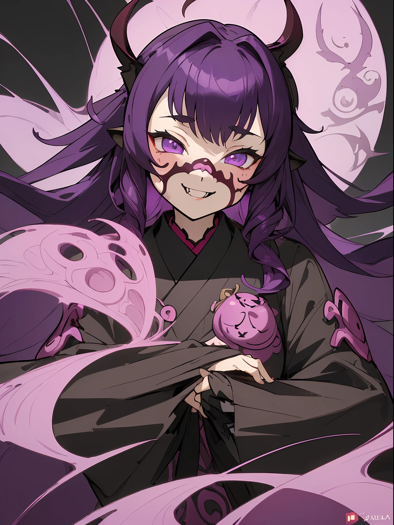 ((masterpiece, illustration, strong outlines, best quality, ultra-detailed)), anime character, 1girl, entoma, overlord entoma, portrait, overlord anime, facemask, purple hair, hair bangs, insectoid, beautiful, digital art, black kimono, smile, fangs, long sleeves, sleeves past fingers