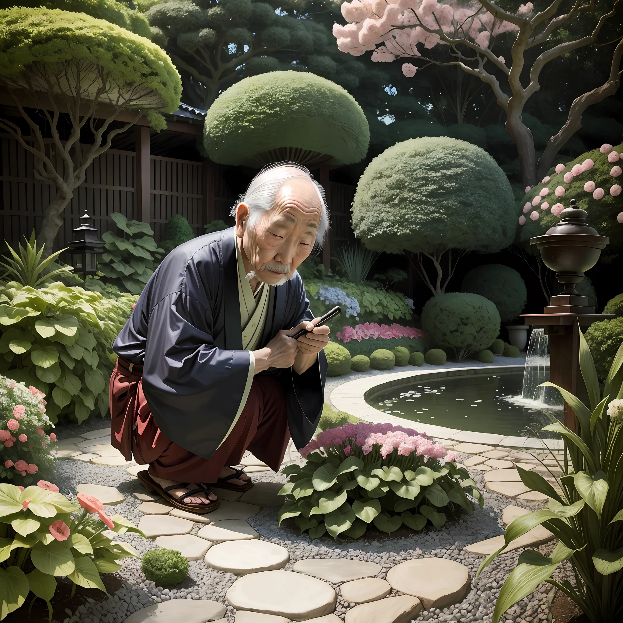 old japanese man in in a beautiful garden, surrounded by plants and flowers, drunk, Expressionism, Realism, Contemporary art, fisheye, 35mm, Canon, UHD, masterpiece, ccurate, super detail, award winning, high details, highres, 8k