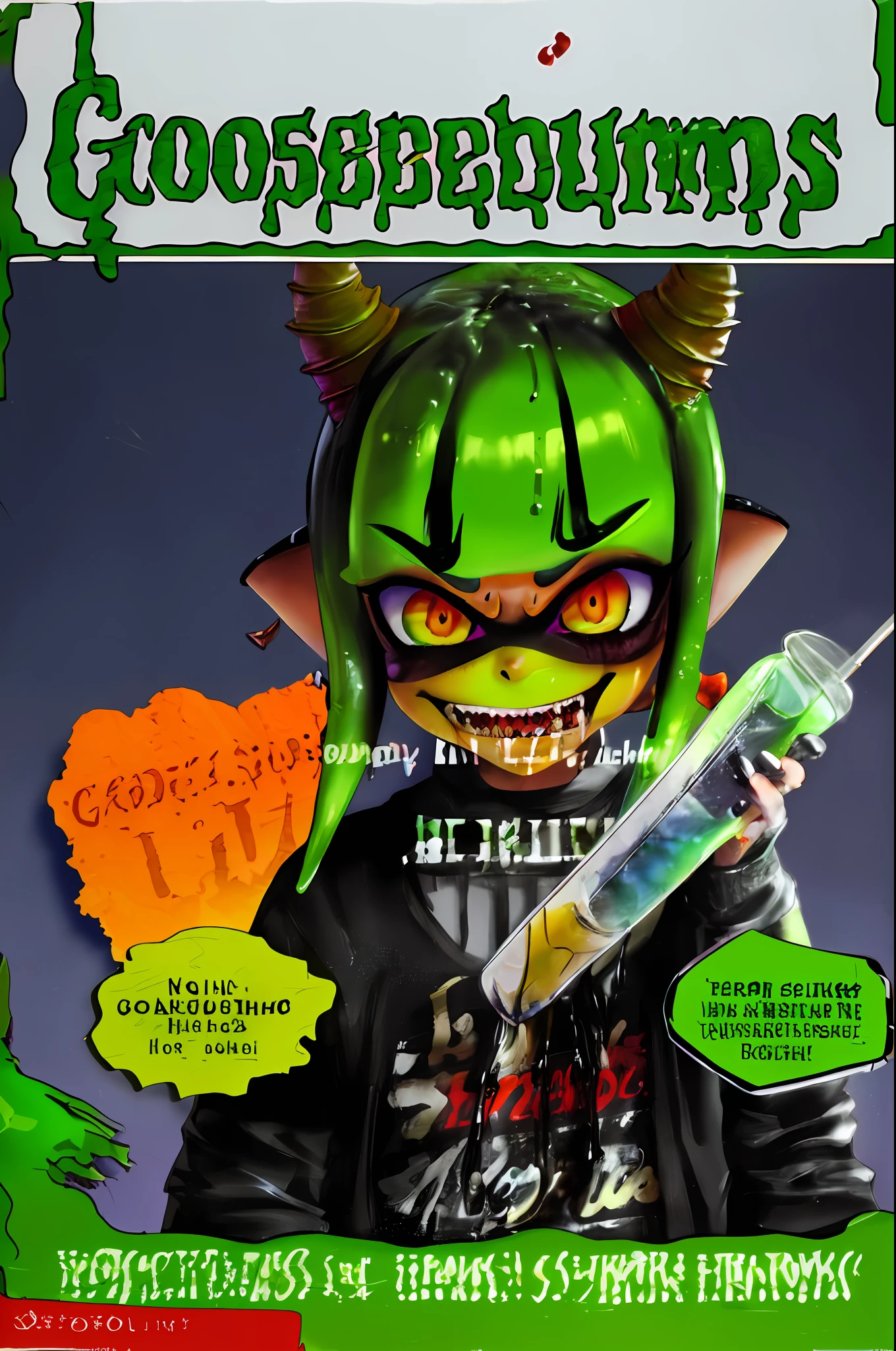 GoosebumpsBookCover, one day at horrorland,Inkling,splatoon,inkling,detailed,a horror from horrorland as an inkling with curly horns,giving handing over a disgusting drink to you,with green dark skin, little demon yellow eyes,with no eye pupils