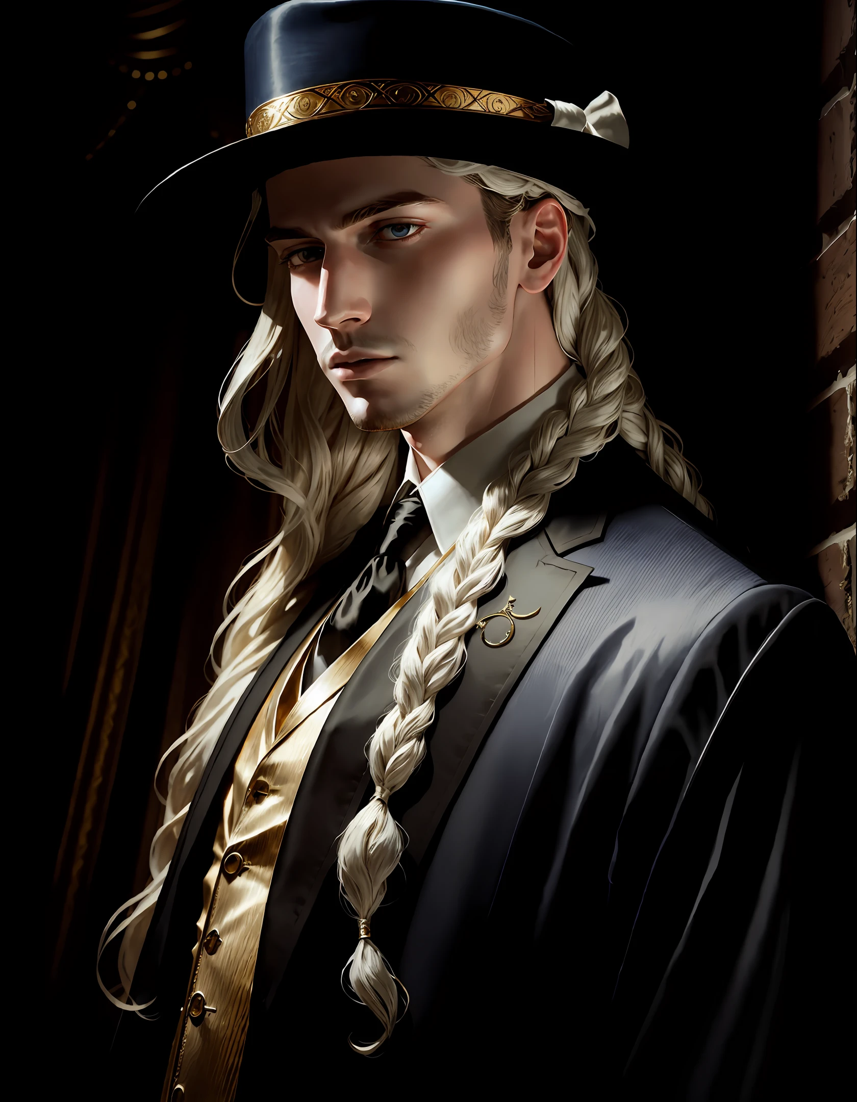 masterpiece, highest quality, solo focus, (perfect face:1.1), (high detail:1.1),dramatic, 1guy, (pale skin), long voluminous braided white hair, white eyes, solo, long hair, moon, night, white luxury suit, white fedora hat, covered navel, pouty lips, covered, Jazz club, detailed background, art by artgerm and greg rutkowski, gothic renaissance, cinematic lighting,