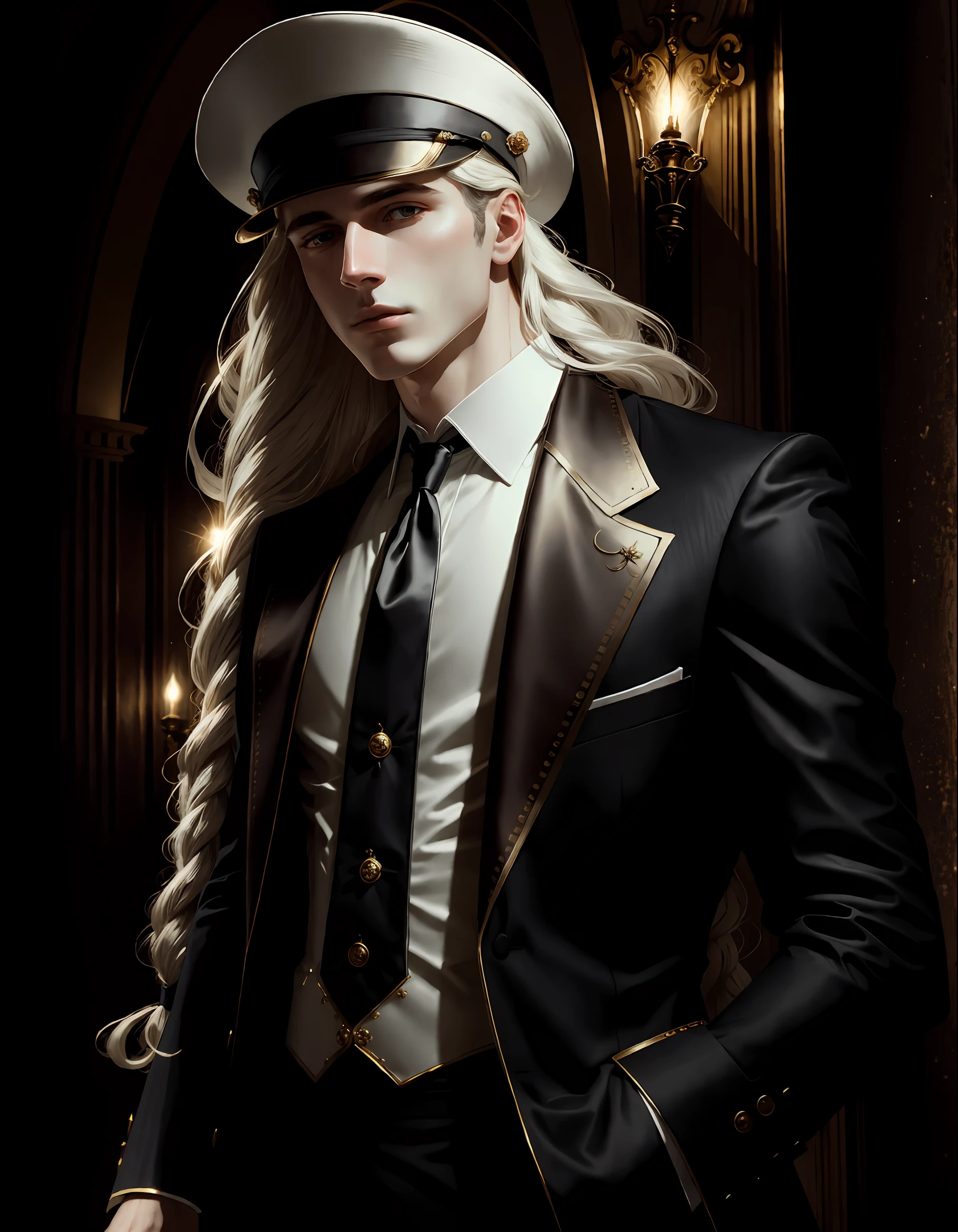 masterpiece, highest quality, solo focus, (perfect face:1.1), (high detail:1.1),dramatic, 1guy, (pale skin), long voluminous braided white hair, white eyes, solo, long hair, moon, night, white luxury suit, white fedora hat, covered navel, pouty lips, covered, Jazz club, detailed background, art by artgerm and greg rutkowski, gothic renaissance, cinematic lighting,