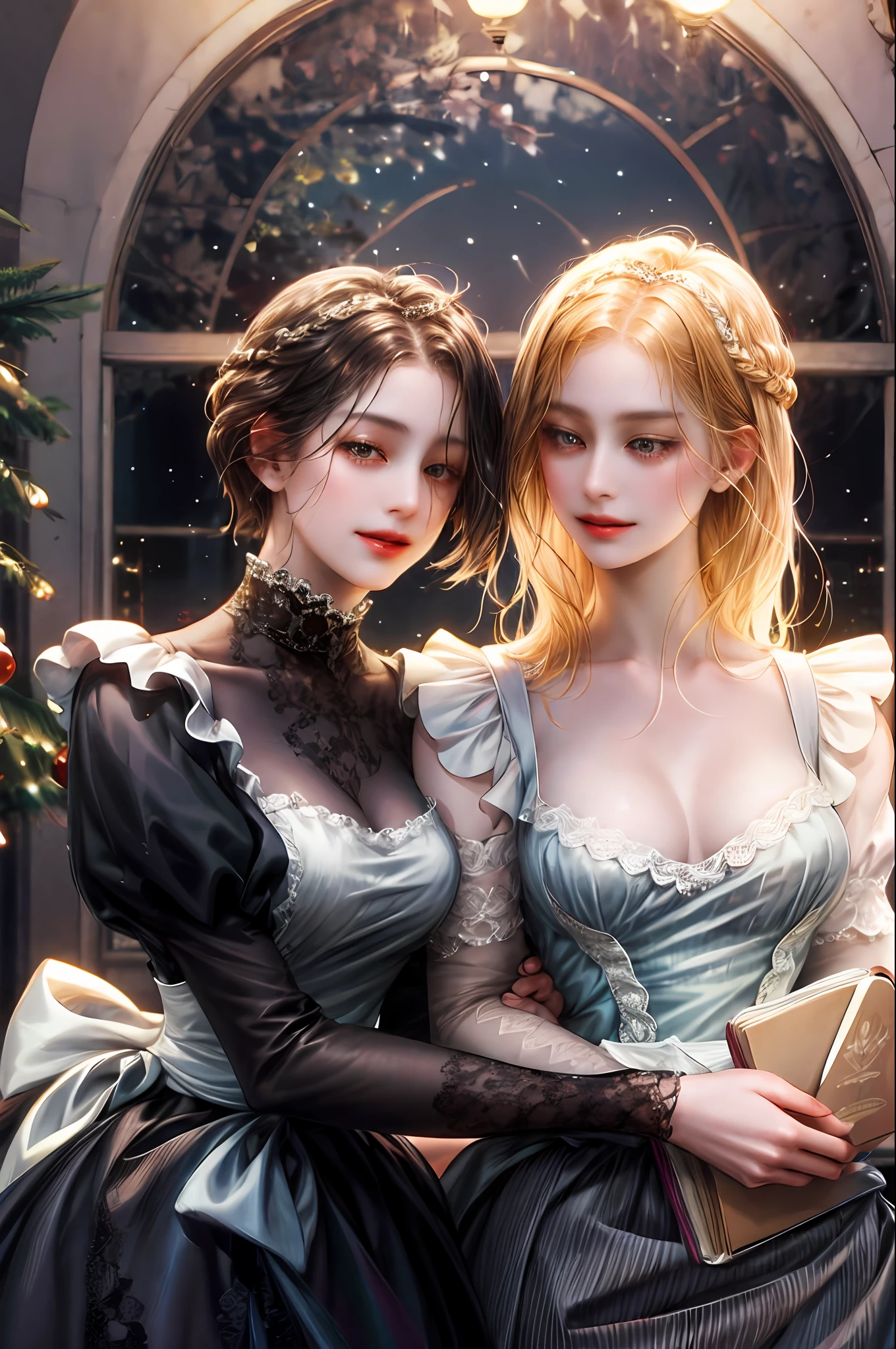 Lesbians, they are in love with each other,
It's night and their faces are very close,A maid standing next to the noble lady hiding a book behind her and the young lady of nobility