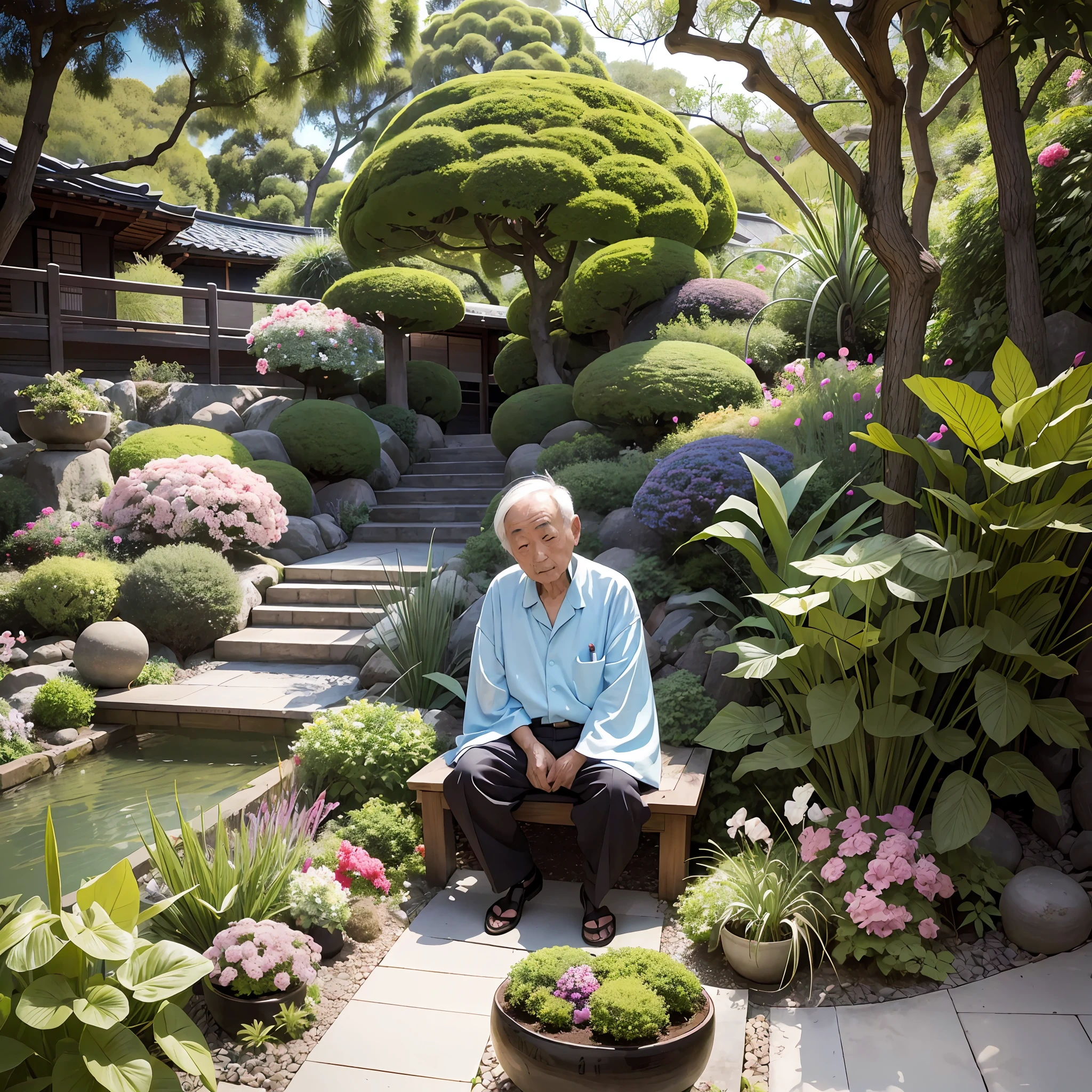 old japanese man in in a beautiful garden, surrounded by plants and flowers, drunk, Expressionism, Realism, Contemporary art, ((fisheye)), 35mm, Canon, UHD, masterpiece, ccurate, super detail, award winning, high details, highres, 8k