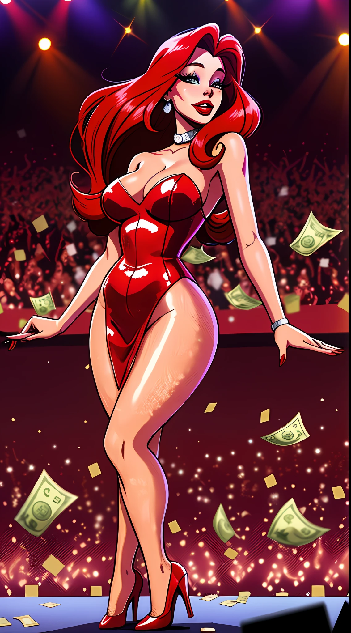 Jessica Rabbit on stage, men in the background in the audience throwing money at her,many dollars falling on the stage,comic style,digital art,masterpiece.